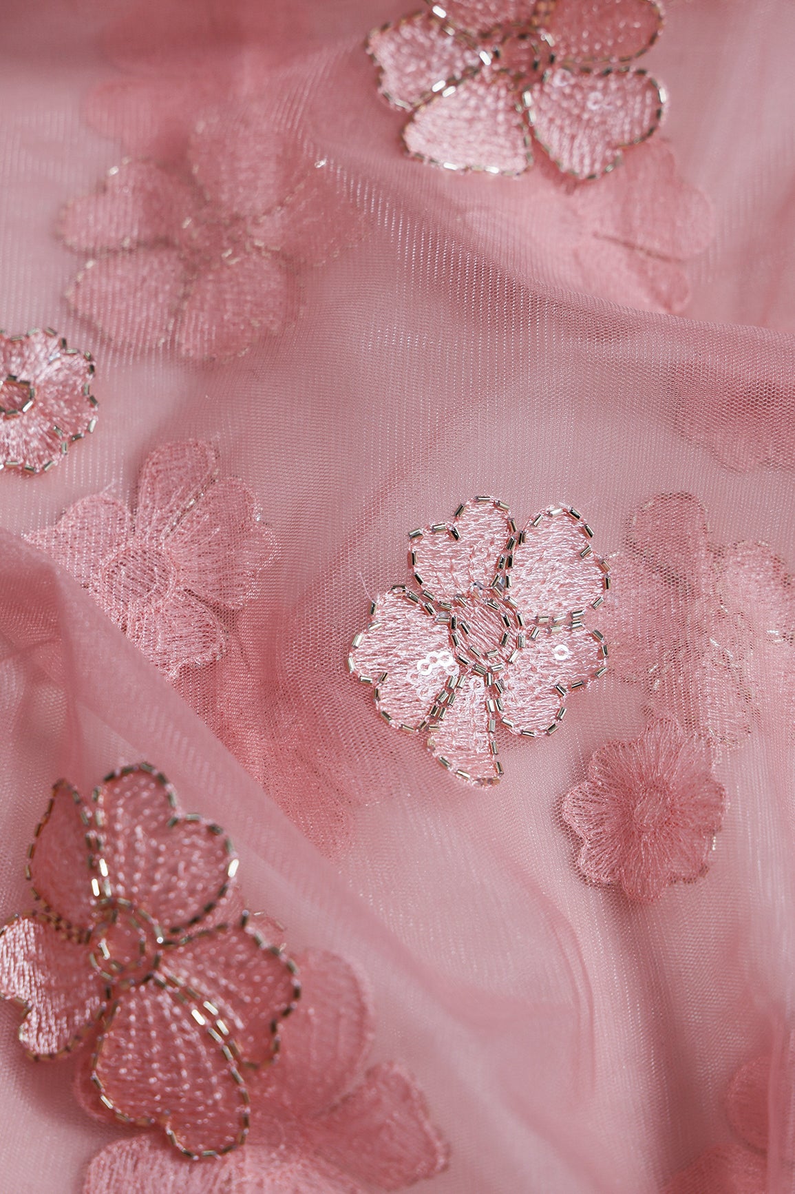 1 Meter Cut Piece Of Dusty Pink Thread & Beads With Water Sequins Floral Embroidery Work On Dusty Pink Soft Net Fabric