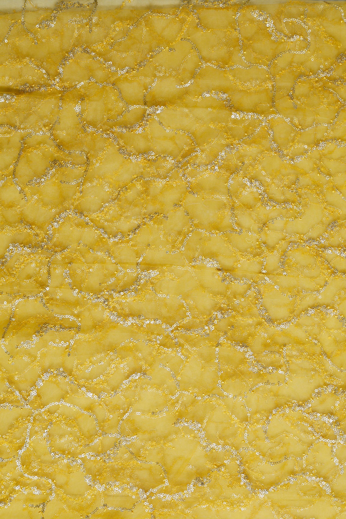 1 Meter Cut Piece Of Gold Sequins Geometric Embroidery On Yellow Soft Net Fabric