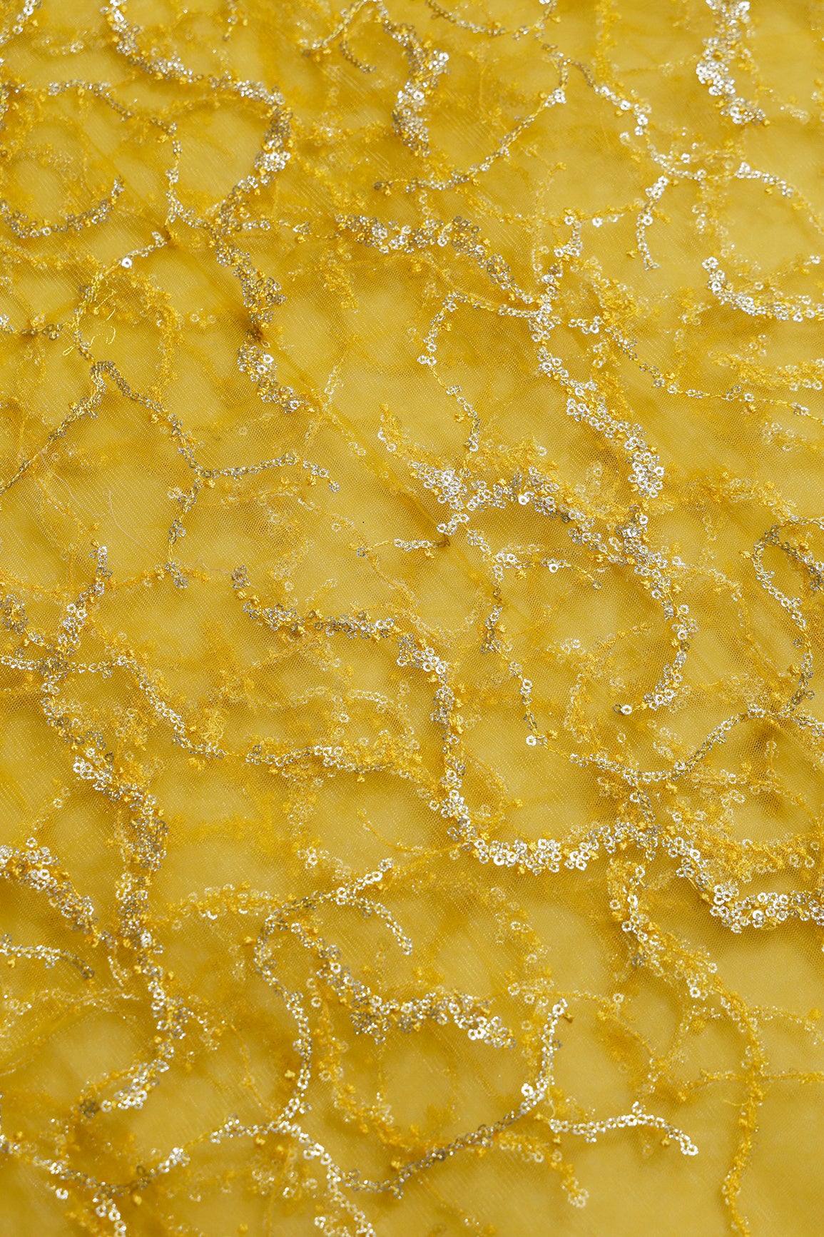 1 Meter Cut Piece Of Gold Sequins Geometric Embroidery On Yellow Soft Net Fabric