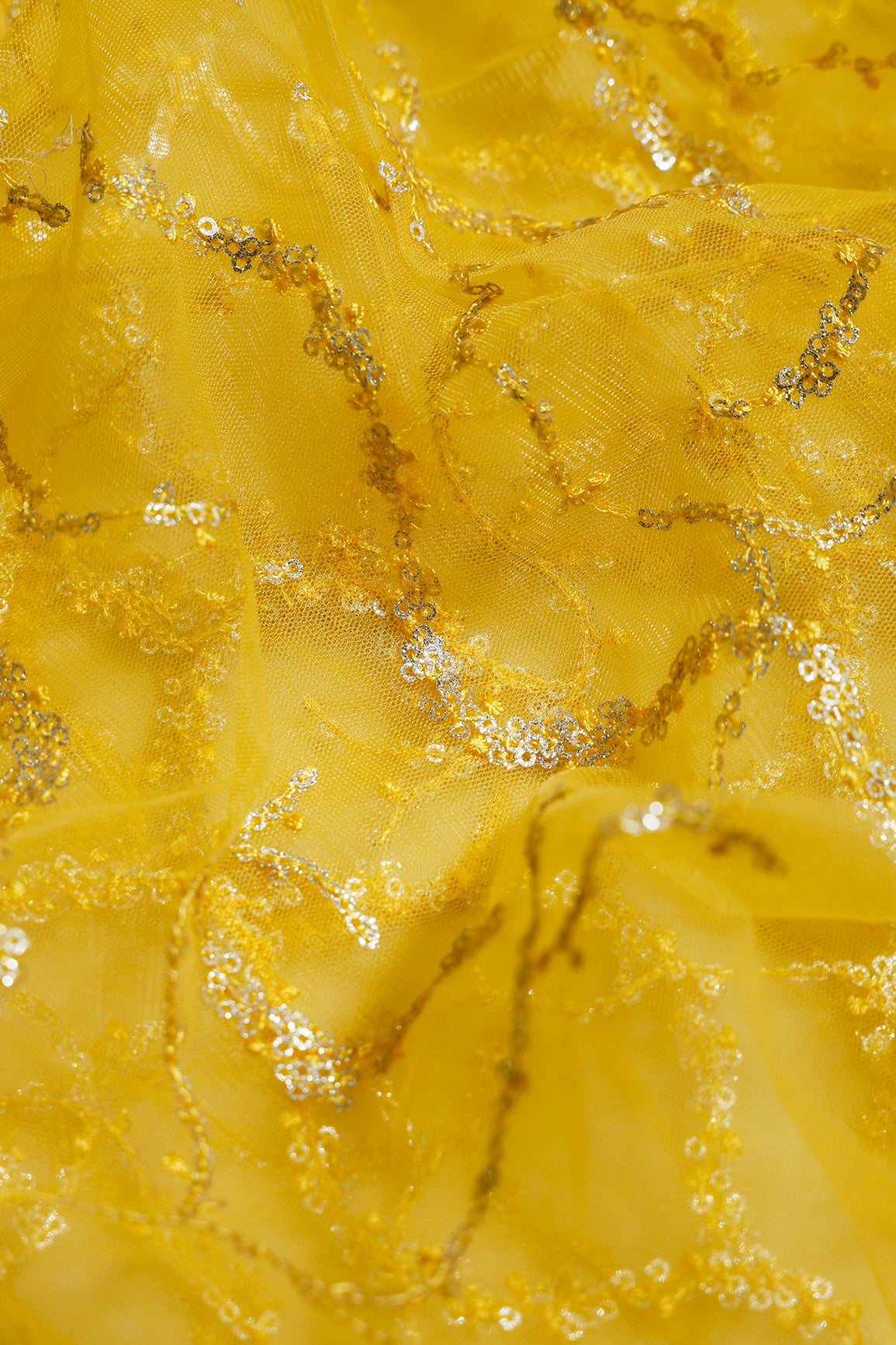 1 Meter Cut Piece Of Gold Sequins Geometric Embroidery On Yellow Soft Net Fabric