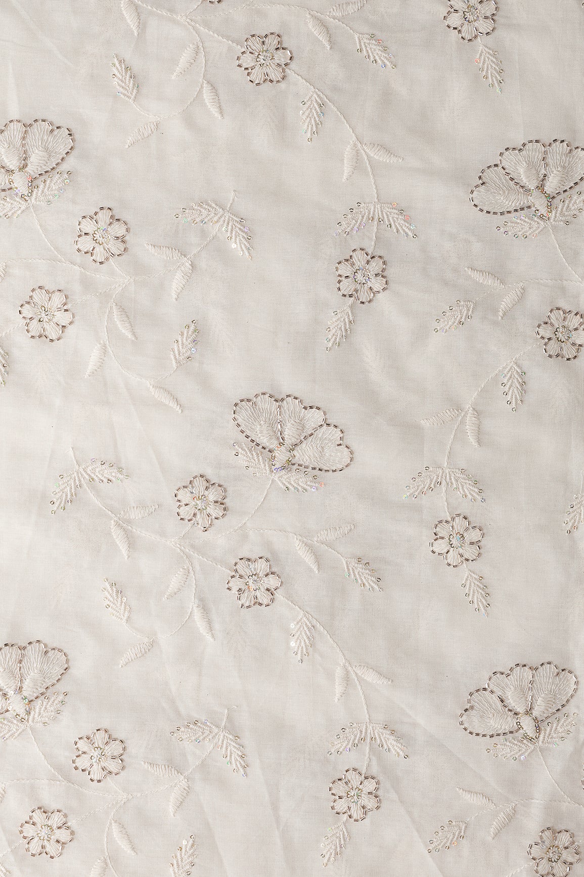 Multi Sequins & Beads With Thread Floral Leafy Embroidery Work On Off White Organic Cotton Fabric