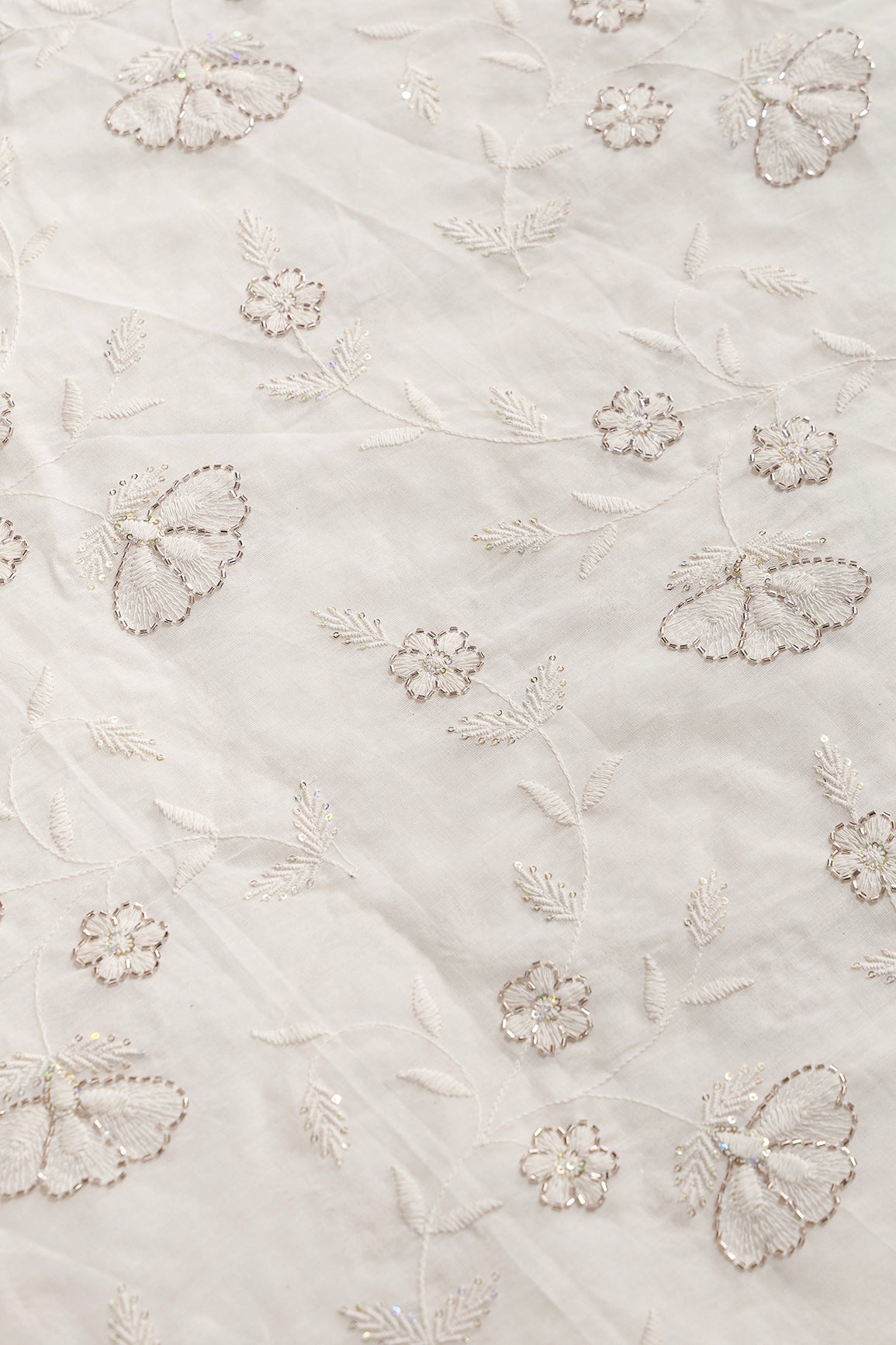 Multi Sequins & Beads With Thread Floral Leafy Embroidery Work On Off White Organic Cotton Fabric