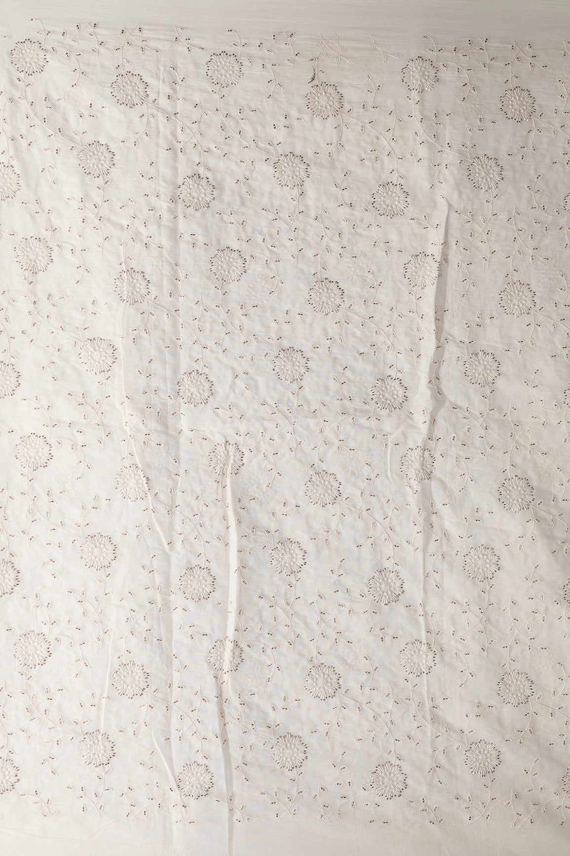 Thread With Beads Floral Embroidery Work On Off White Organic Cotton Fabric