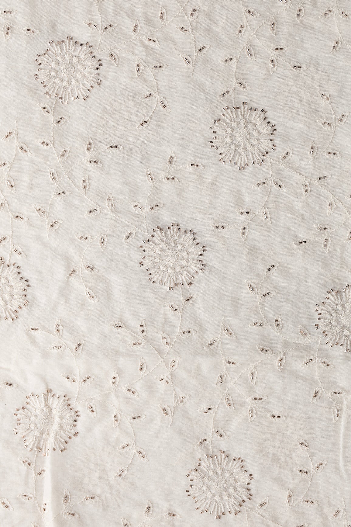 Thread With Beads Floral Embroidery Work On Off White Organic Cotton Fabric