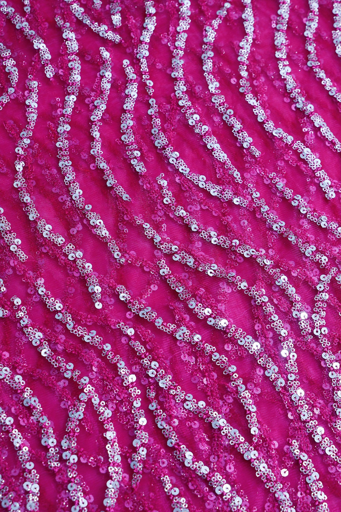2 Meter Cut Piece Of Gold And Silver Sequins With Fuchsia Thread Wavy Embroidery Work On Fuchsia Soft Net Fabric