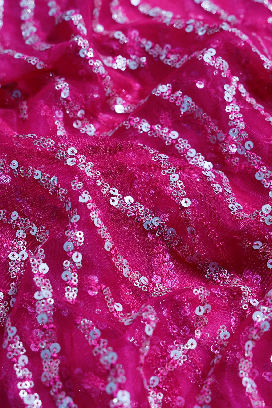 2 Meter Cut Piece Of Gold And Silver Sequins With Fuchsia Thread Wavy Embroidery Work On Fuchsia Soft Net Fabric