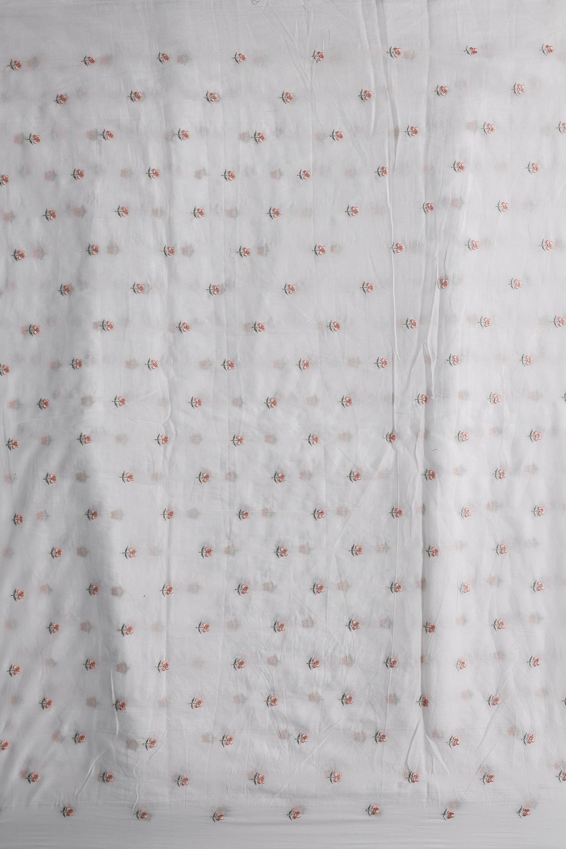 Peach & Olive Thread Small Floral Embroidery Work On White Pure Mul Cotton Fabric