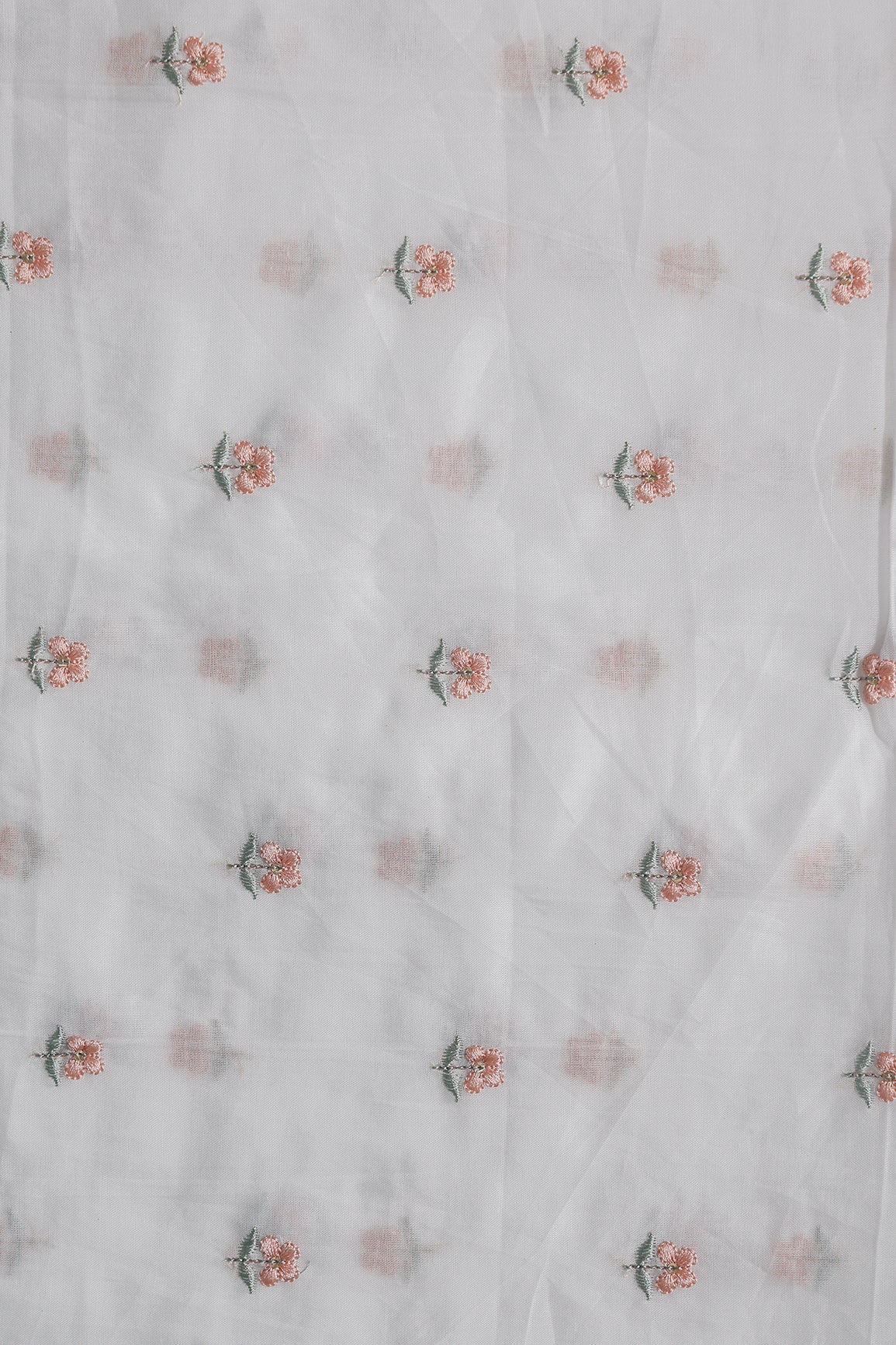 Peach & Olive Thread Small Floral Embroidery Work On White Pure Mul Cotton Fabric