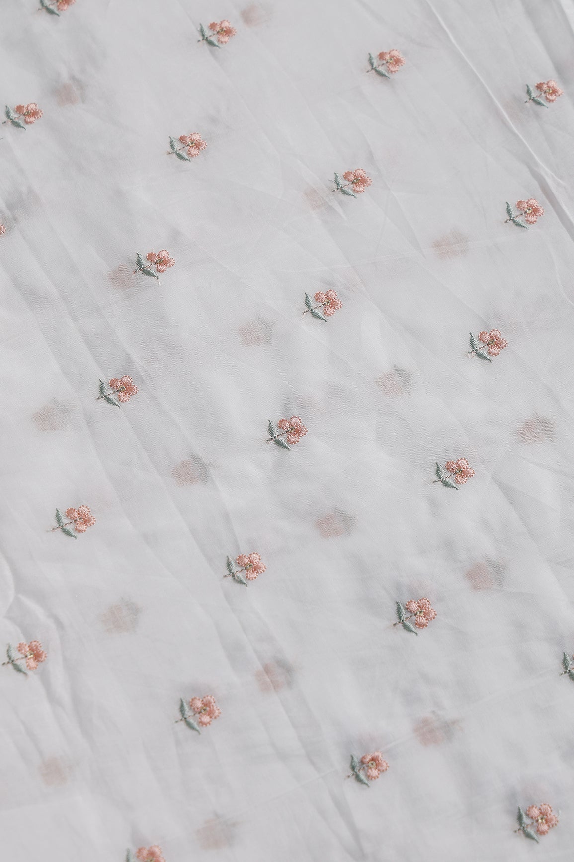 Peach & Olive Thread Small Floral Embroidery Work On White Pure Mul Cotton Fabric