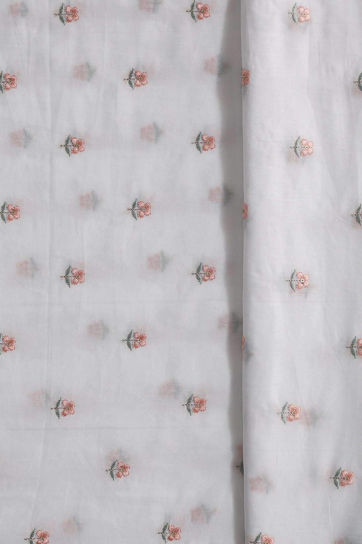 Peach & Olive Thread Small Floral Embroidery Work On White Pure Mul Cotton Fabric