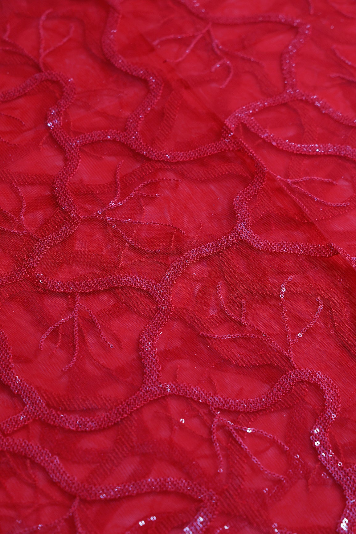 1 Meter Cut Piece Of Red Thread With Water Sequins Abstract Embroidery Work On Red Soft Net Fabric
