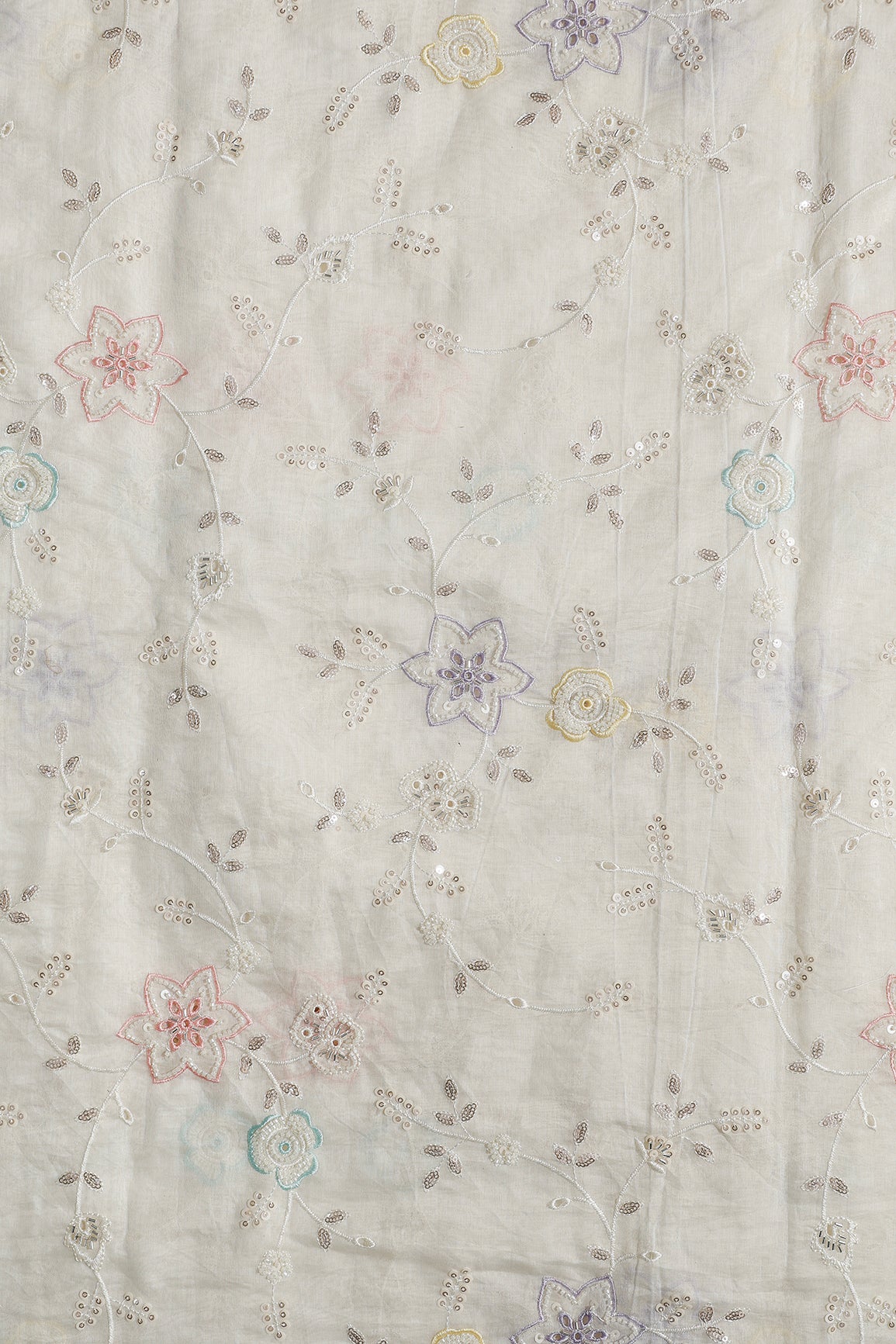 Multi Thread & Beads With Silver Sequins Beautiful Floral Leafy Embroidery Work On Off White Pure Mul Chanderi Silk Fabric
