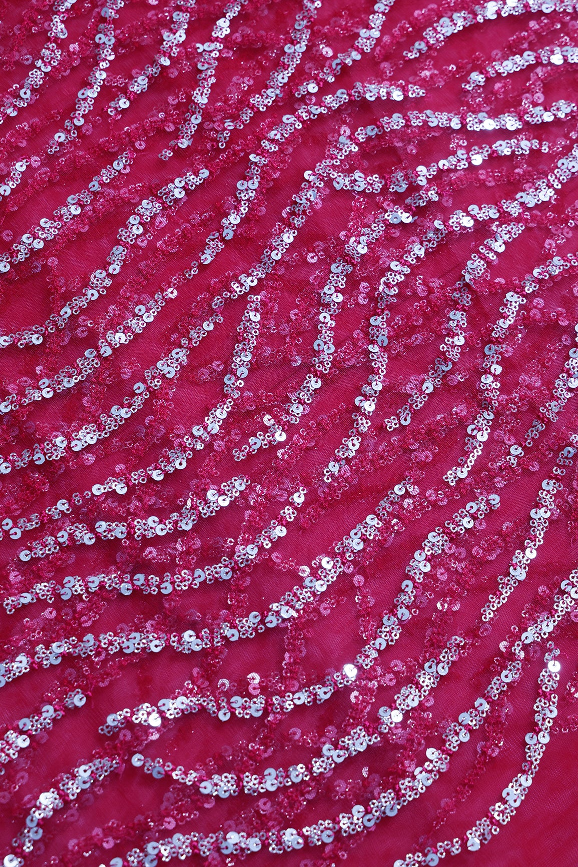 1.20 Meter Cut Piece Of Gold And Silver Sequins With Red Thread Wavy Embroidery Work On Red Soft Net Fabric