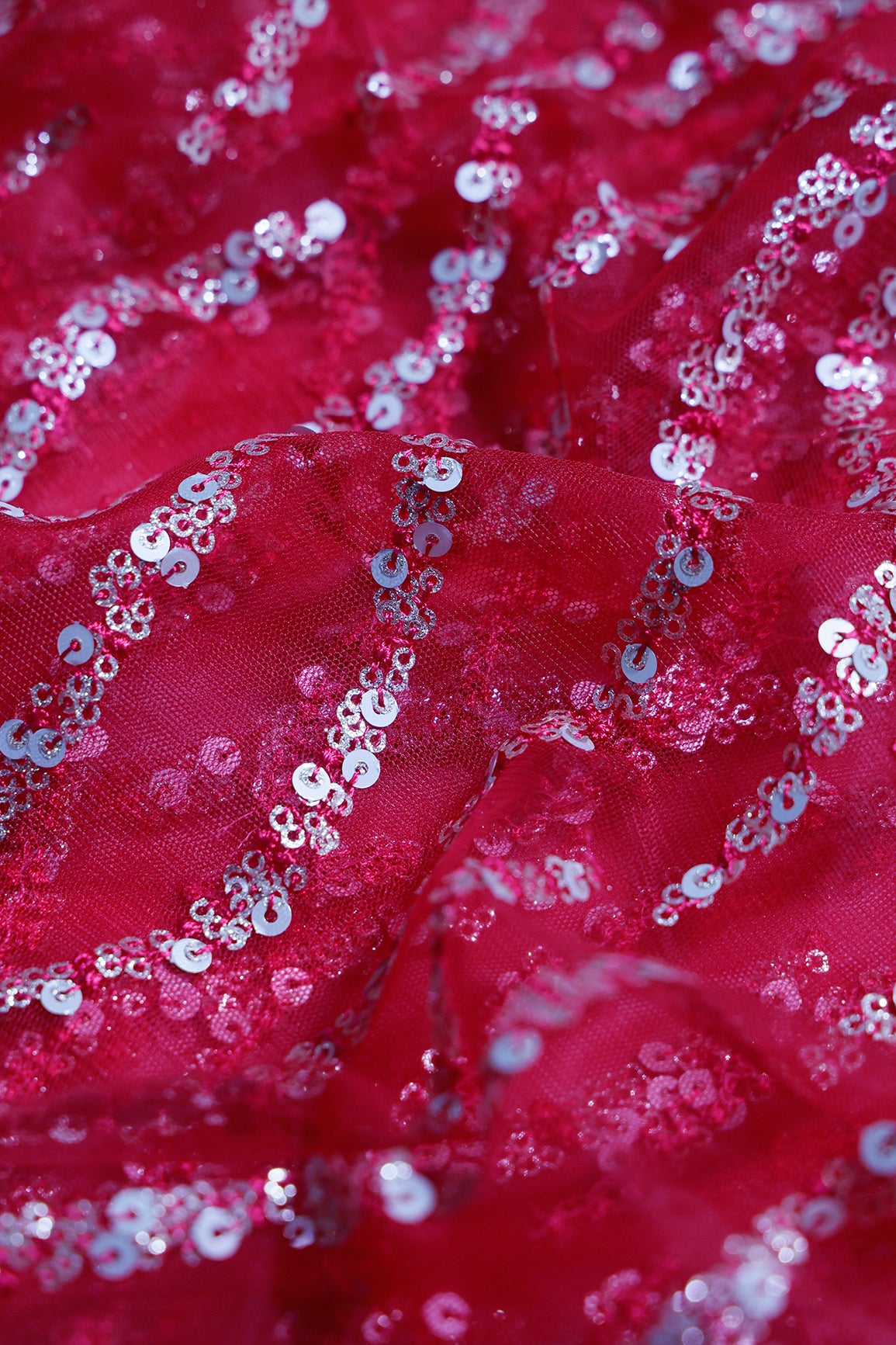 1.20 Meter Cut Piece Of Gold And Silver Sequins With Red Thread Wavy Embroidery Work On Red Soft Net Fabric