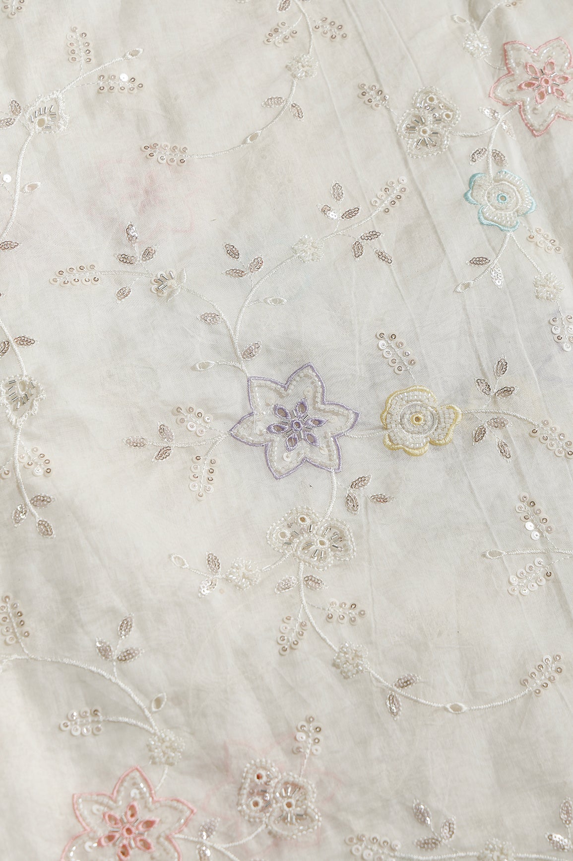Multi Thread & Beads With Silver Sequins Beautiful Floral Leafy Embroidery Work On Off White Pure Mul Chanderi Silk Fabric