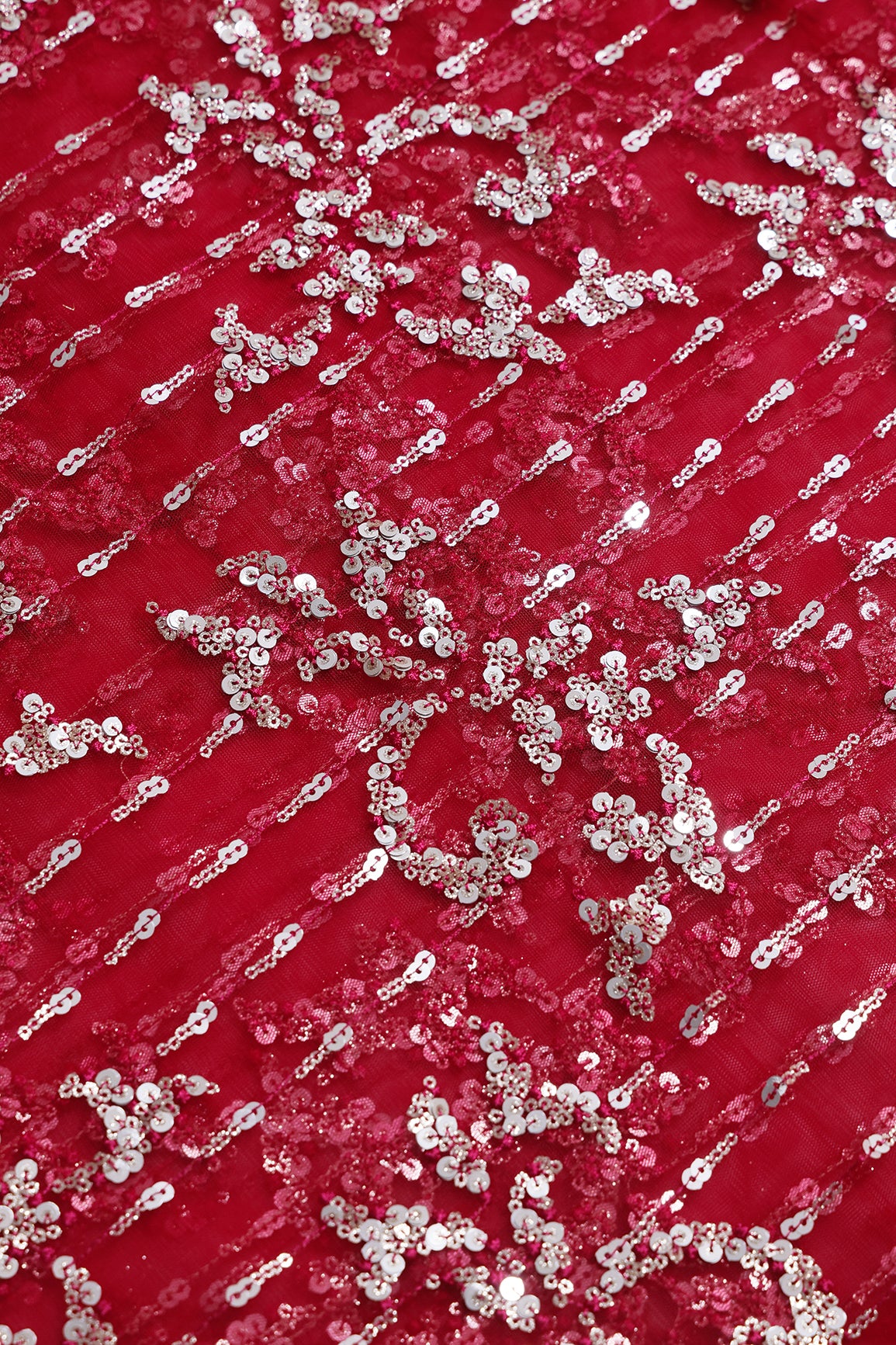 1.50 Meter Cut Piece Of Gold And Silver Sequins With Red Thread Abstract Embroidery Work On Red Soft Net Fabric