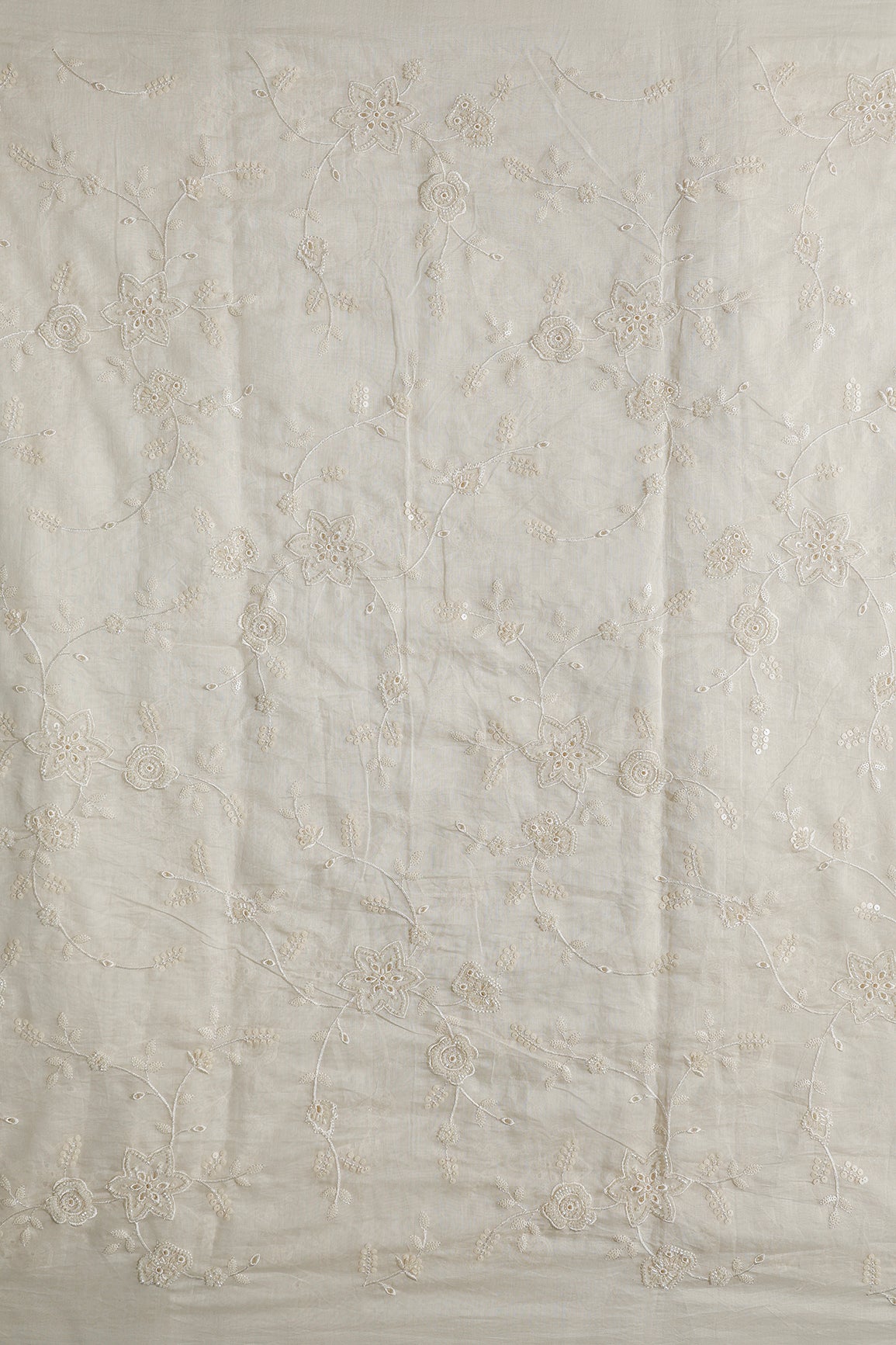 Off White Thread & Beads With Same Tone Sequins Beautiful Floral Leafy Embroidery Work On Off White Pure Mul Chanderi Silk Fabric