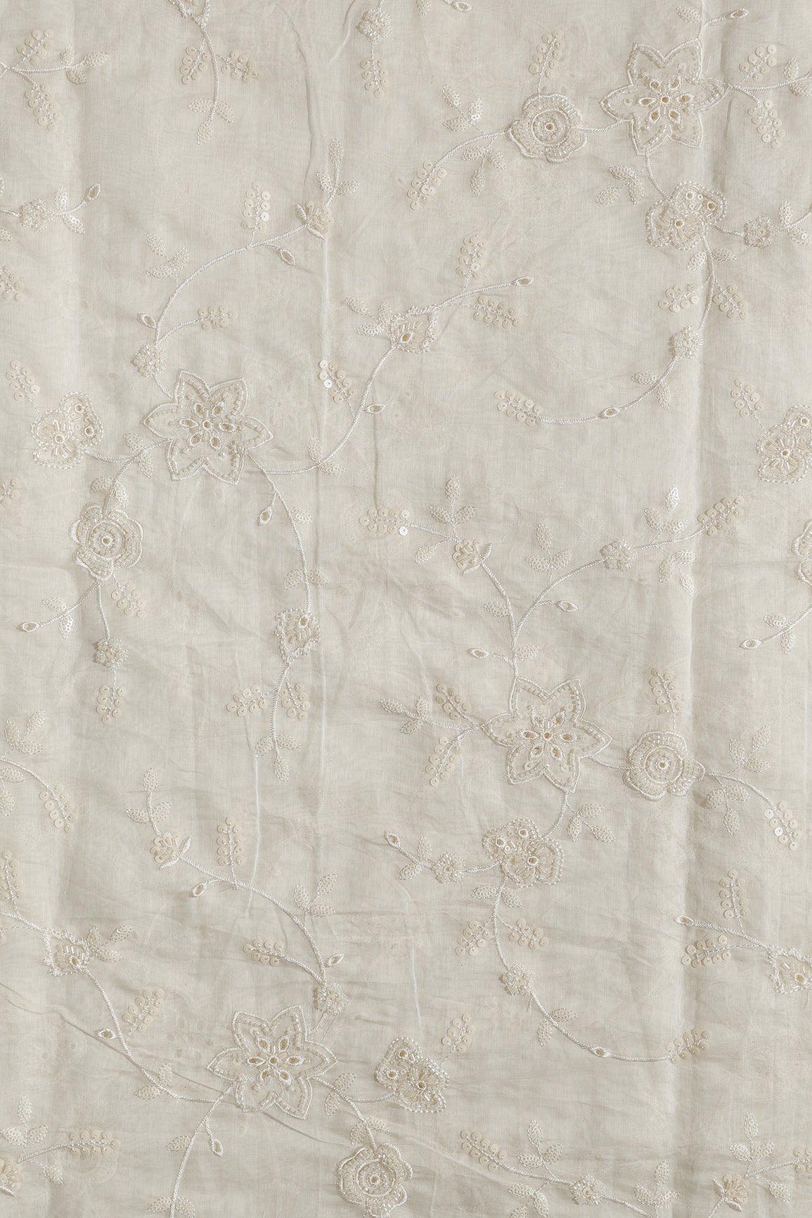 Off White Thread & Beads With Same Tone Sequins Beautiful Floral Leafy Embroidery Work On Off White Pure Mul Chanderi Silk Fabric