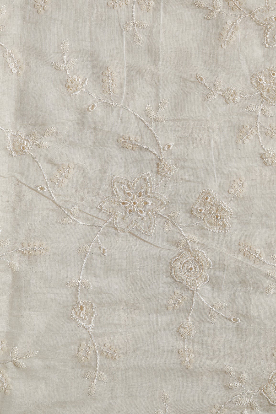 Off White Thread & Beads With Same Tone Sequins Beautiful Floral Leafy Embroidery Work On Off White Pure Mul Chanderi Silk Fabric