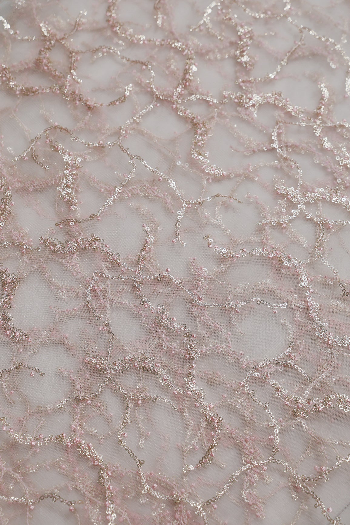 1.25 Meter Cut Piece Of Gold Sequins Geometric Embroidery On Baby Pink Soft Net Fabric