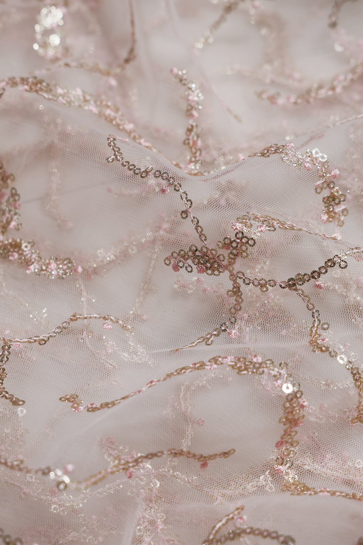1.25 Meter Cut Piece Of Gold Sequins Geometric Embroidery On Baby Pink Soft Net Fabric
