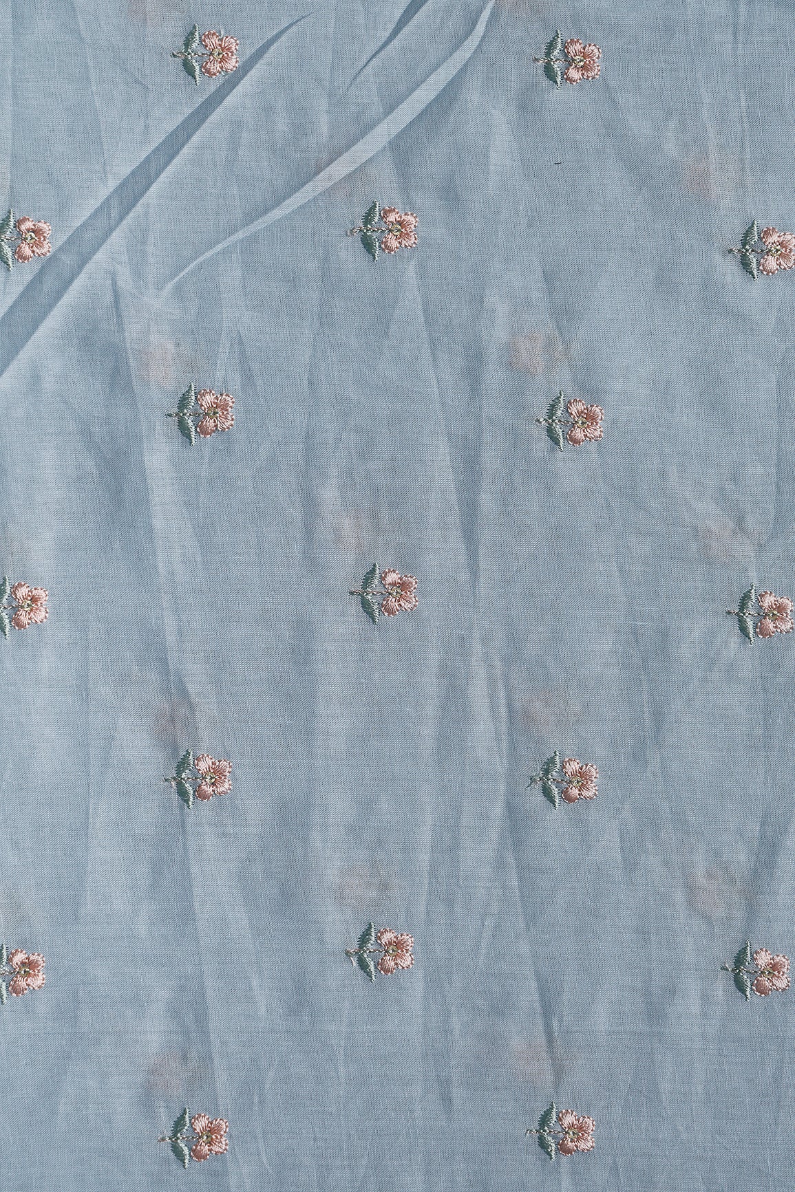 Peach & Olive Thread Small Floral Embroidery Work On Pastel Blue Pure Mul Cotton Fabric