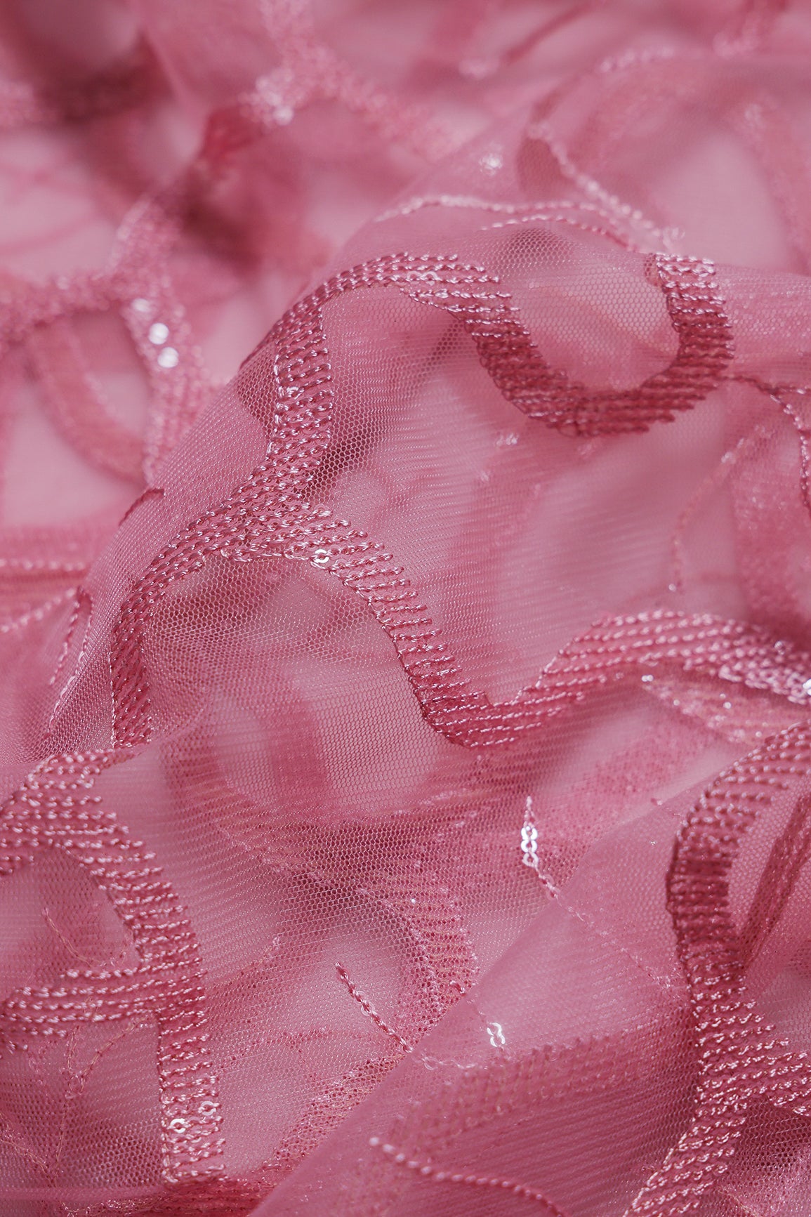 1 Meter Cut Piece Of Pink Thread With Water Sequins Abstract Embroidery Work On Pink Soft Net Fabric