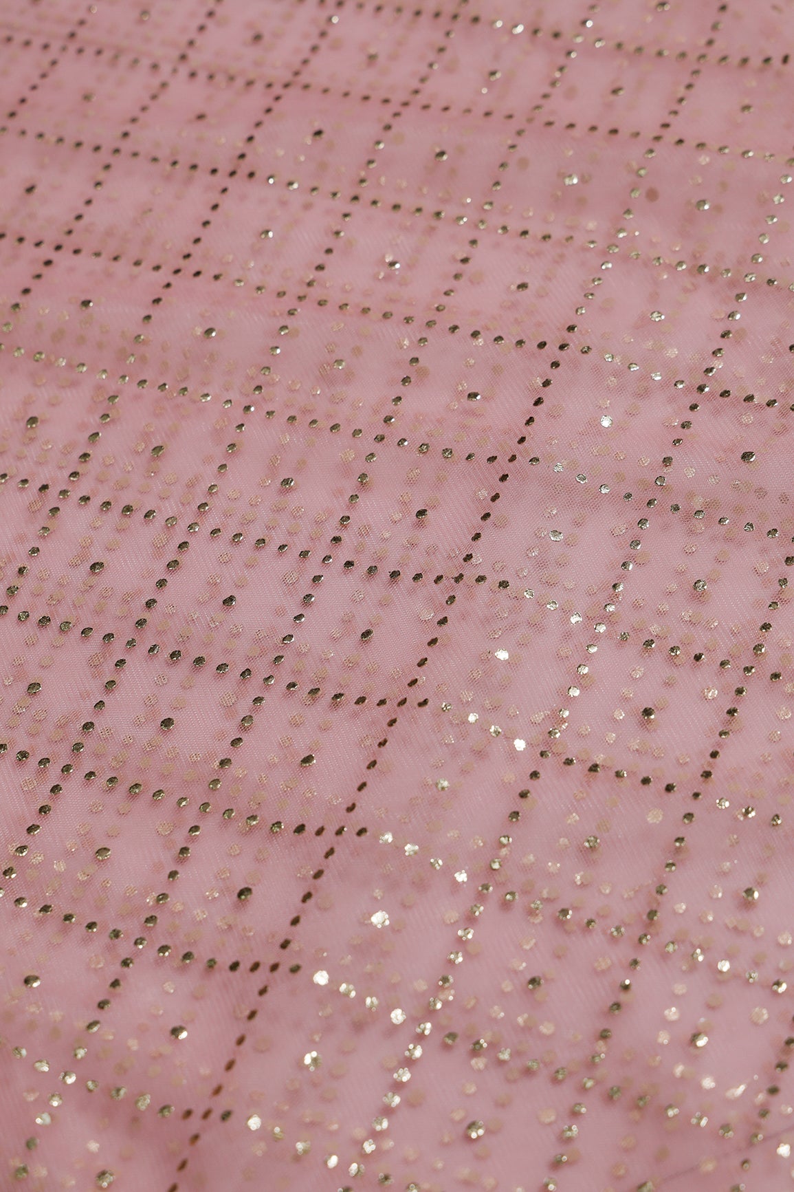 1.75 Meter Cut Piece Of Checks Pattern With Foil Print On Baby Pink Soft Net Fabric