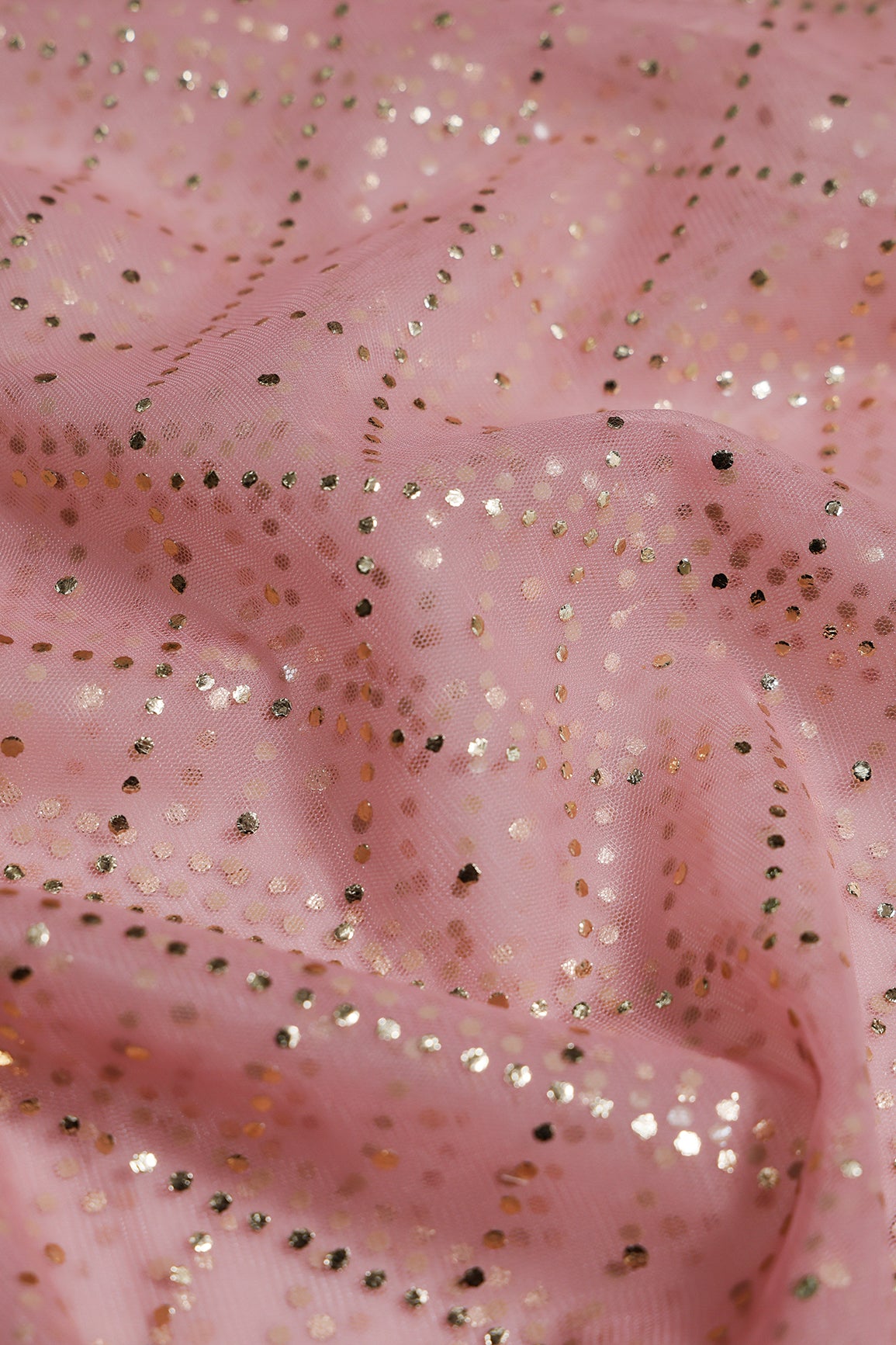 1.75 Meter Cut Piece Of Checks Pattern With Foil Print On Baby Pink Soft Net Fabric