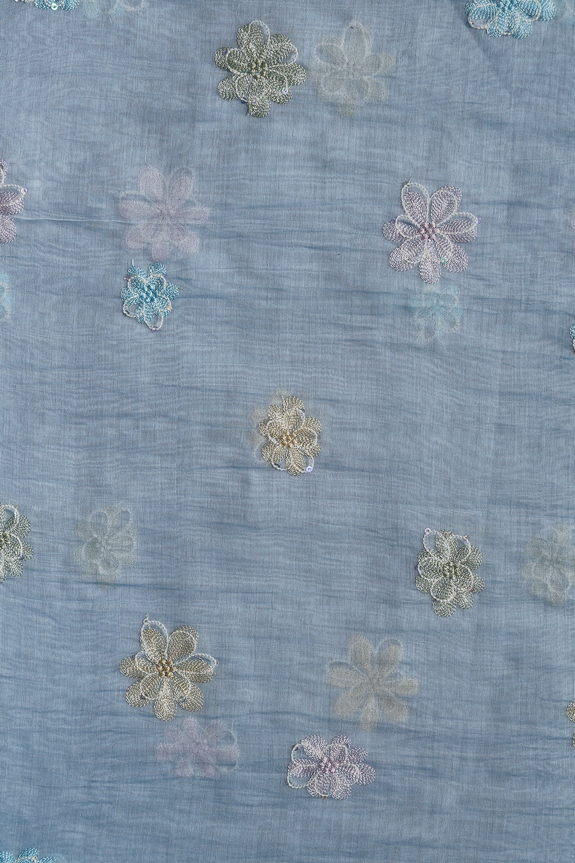 Beautiful Multi Thread With Multi Sequins Floral Embroidery Work On Pastel Blue Pure Mul Chanderi Silk Fabric