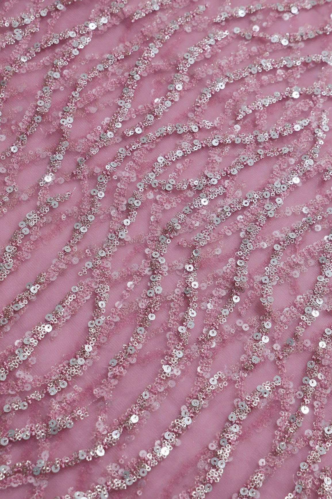 1.25 Meter Cut Piece Of Gold And Silver Sequins With Pink Thread Embroidery On Pink Soft Net Fabric