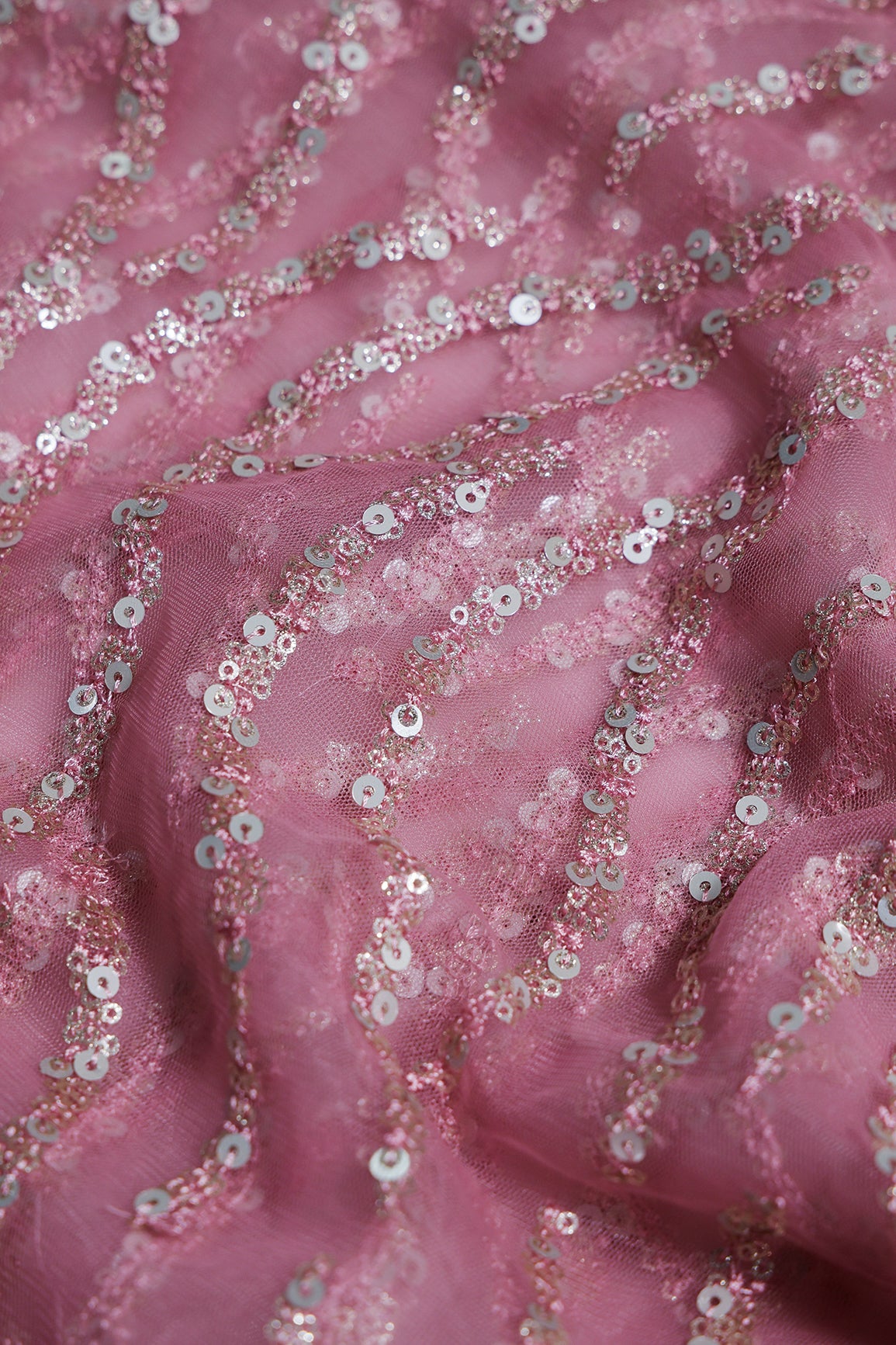 1.25 Meter Cut Piece Of Gold And Silver Sequins With Pink Thread Embroidery On Pink Soft Net Fabric