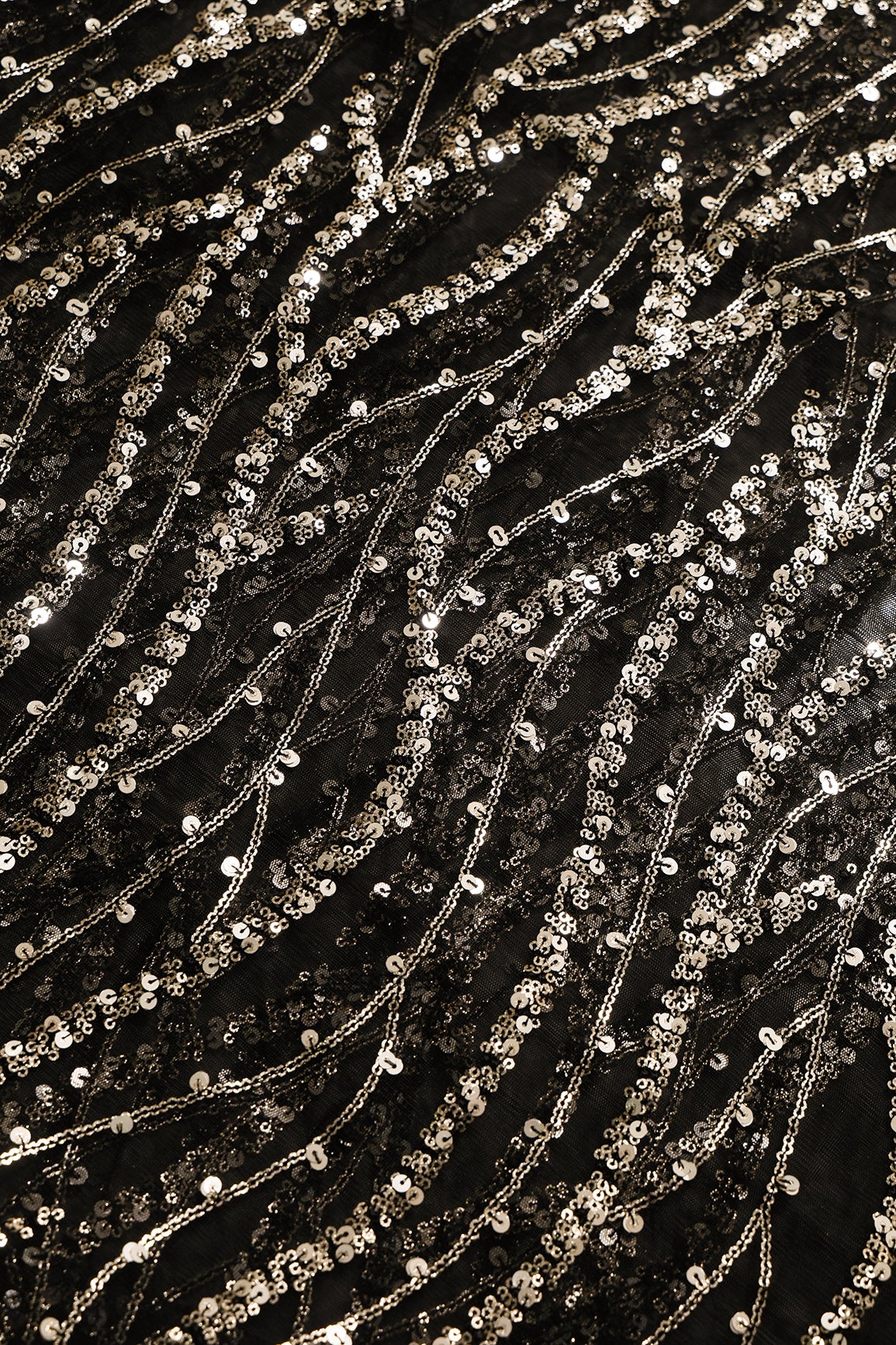 1.75 Meter Cut Piece Of Wavy Black and Gold Sequins Embroidery Work On Black Soft Net Fabric