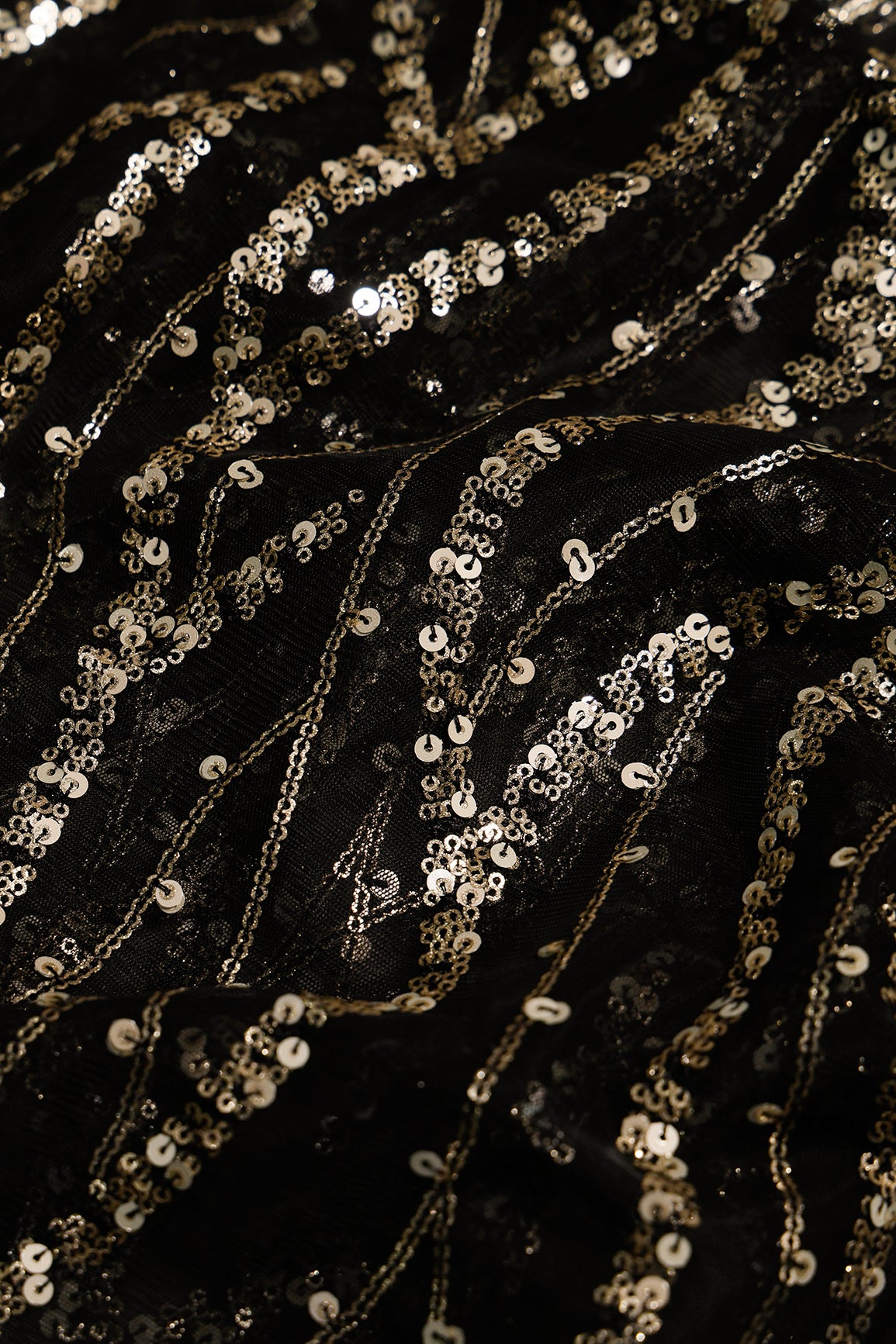 1.75 Meter Cut Piece Of Wavy Black and Gold Sequins Embroidery Work On Black Soft Net Fabric