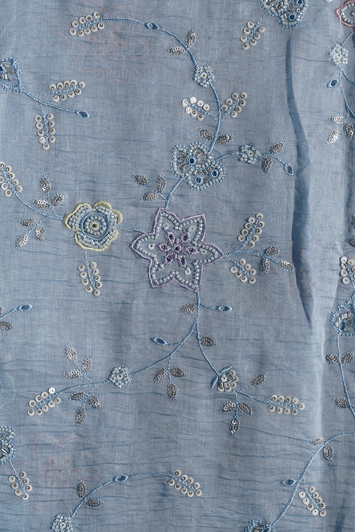 Multi Thread & Beads With Silver Sequins Beautiful Floral Leafy Embroidery Work On Pastel Blue Pure Mul Chanderi Silk Fabric