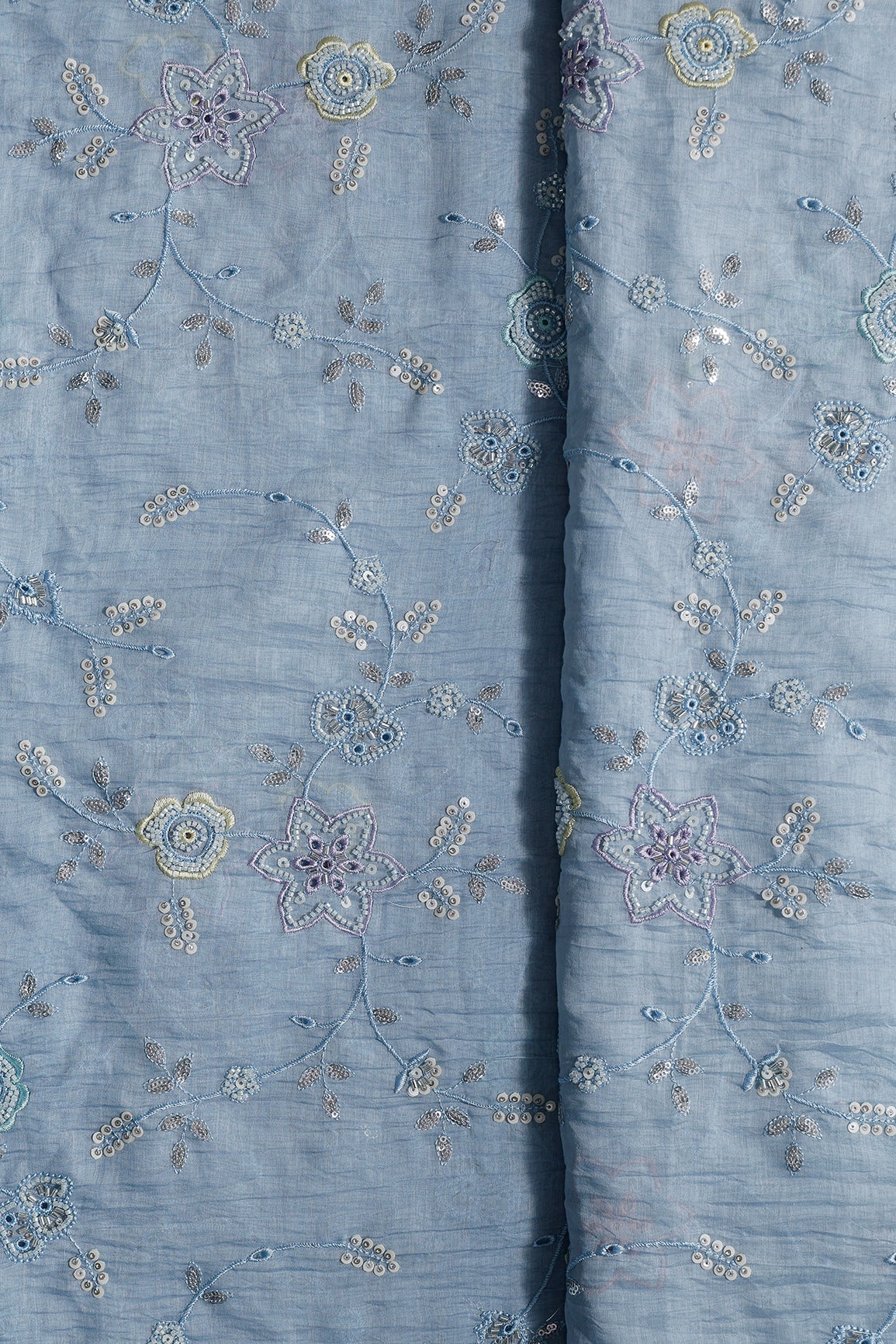Multi Thread & Beads With Silver Sequins Beautiful Floral Leafy Embroidery Work On Pastel Blue Pure Mul Chanderi Silk Fabric