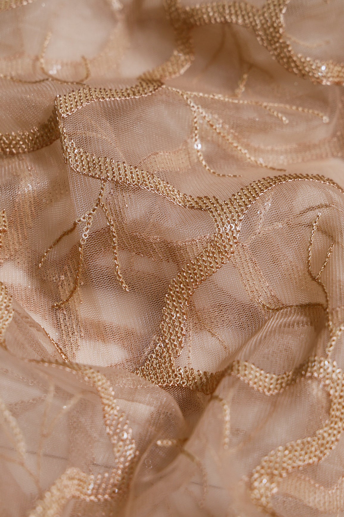 1 Meter Cut Piece Of Water Sequins Abstract Embroidery On Beige Soft Net Fabric