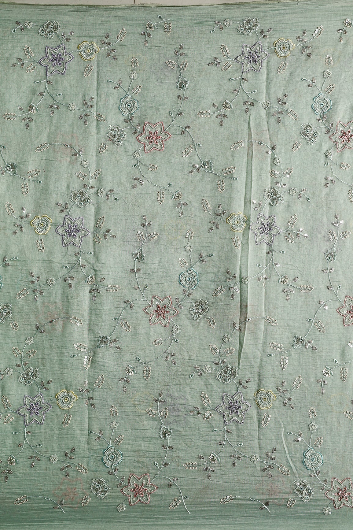 Multi Thread & Beads With Silver Sequins Beautiful Floral Leafy Embroidery Work On Pastel Olive Green Pure Mul Chanderi Silk Fabric