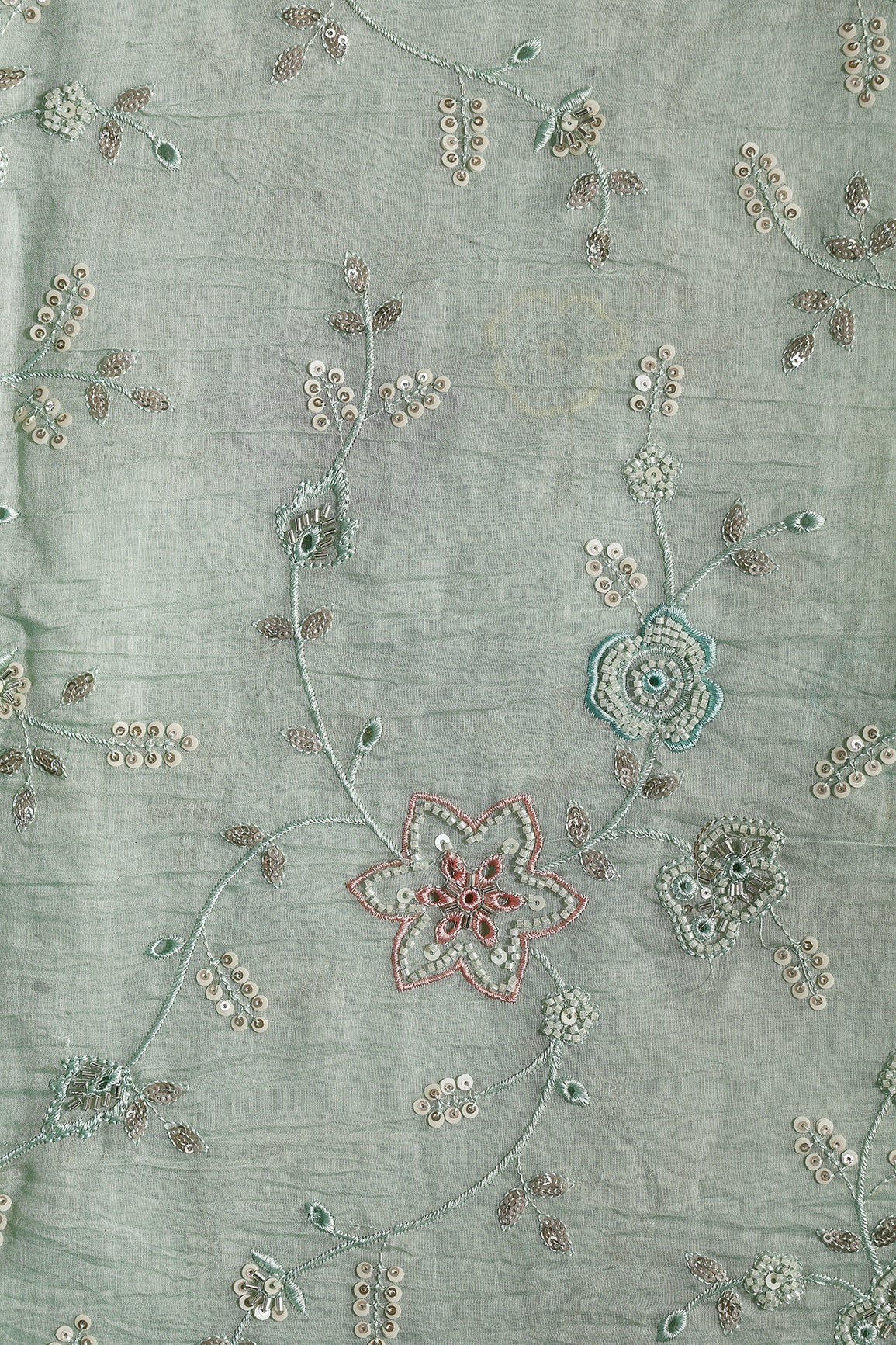 Multi Thread & Beads With Silver Sequins Beautiful Floral Leafy Embroidery Work On Pastel Olive Green Pure Mul Chanderi Silk Fabric