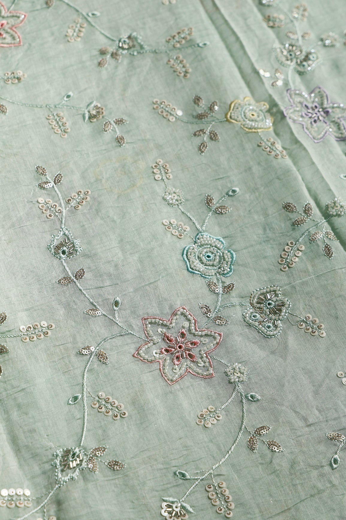 Multi Thread & Beads With Silver Sequins Beautiful Floral Leafy Embroidery Work On Pastel Olive Green Pure Mul Chanderi Silk Fabric