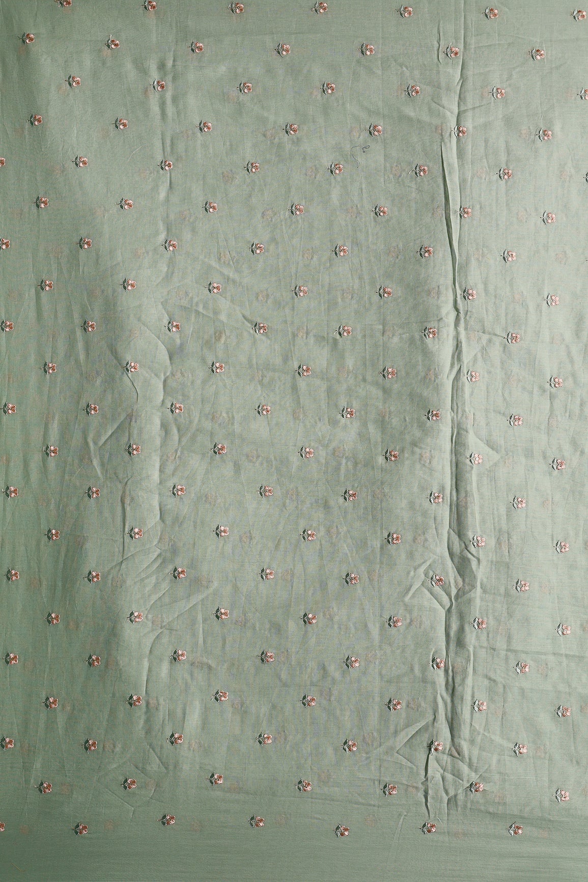 Peach & Olive Thread Small Floral Embroidery Work On Pastel Olive Green Pure Mul Cotton Fabric