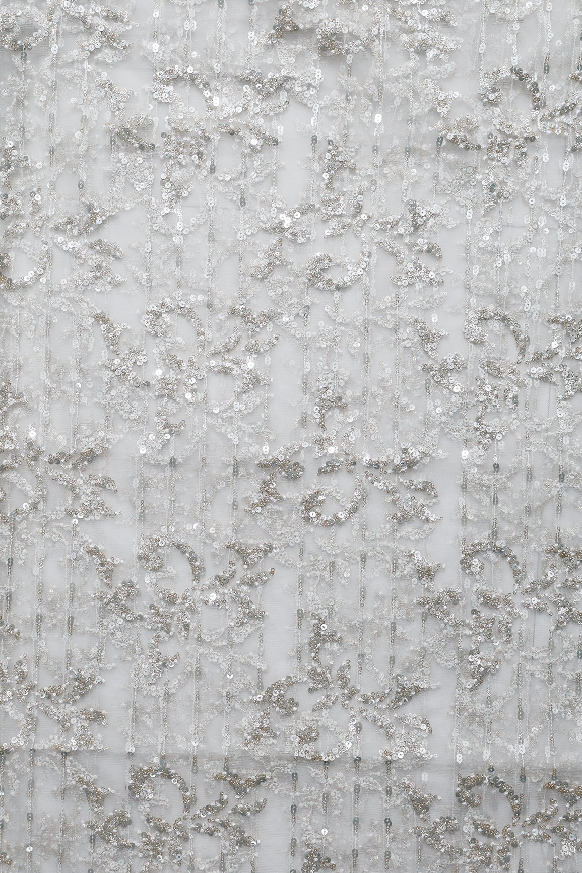 2 Meter Cut Piece Of Gold And Silver Sequins With White Thread Abstract Embroidery Work On White Soft Net Fabric