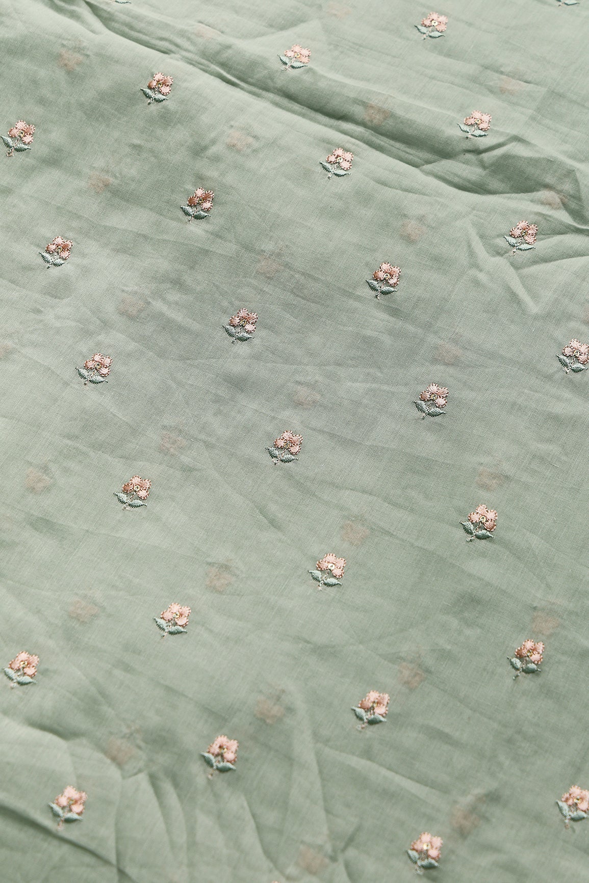 Peach & Olive Thread Small Floral Embroidery Work On Pastel Olive Green Pure Mul Cotton Fabric