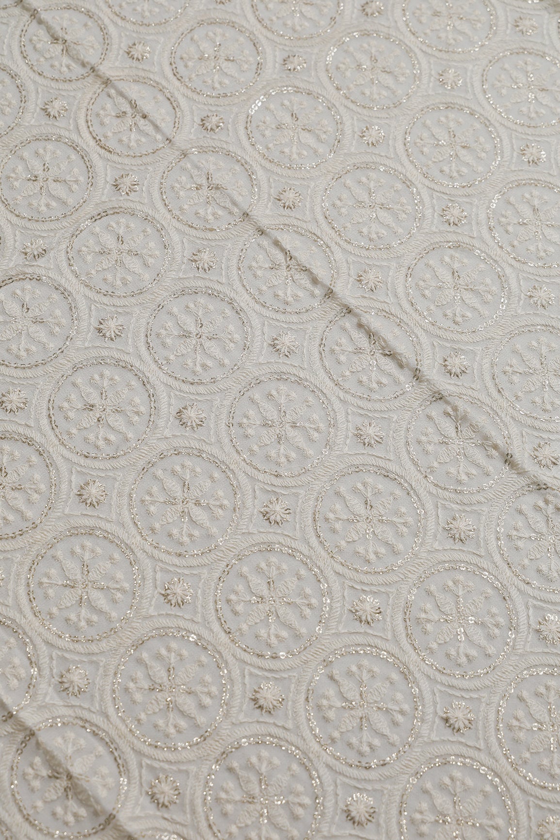 0.75 Meter Cut Piece Of White Thread With Gold Glitter Sequins Geometric Lucknowi Embroidery On Dyeable Viscose Georgette Fabric
