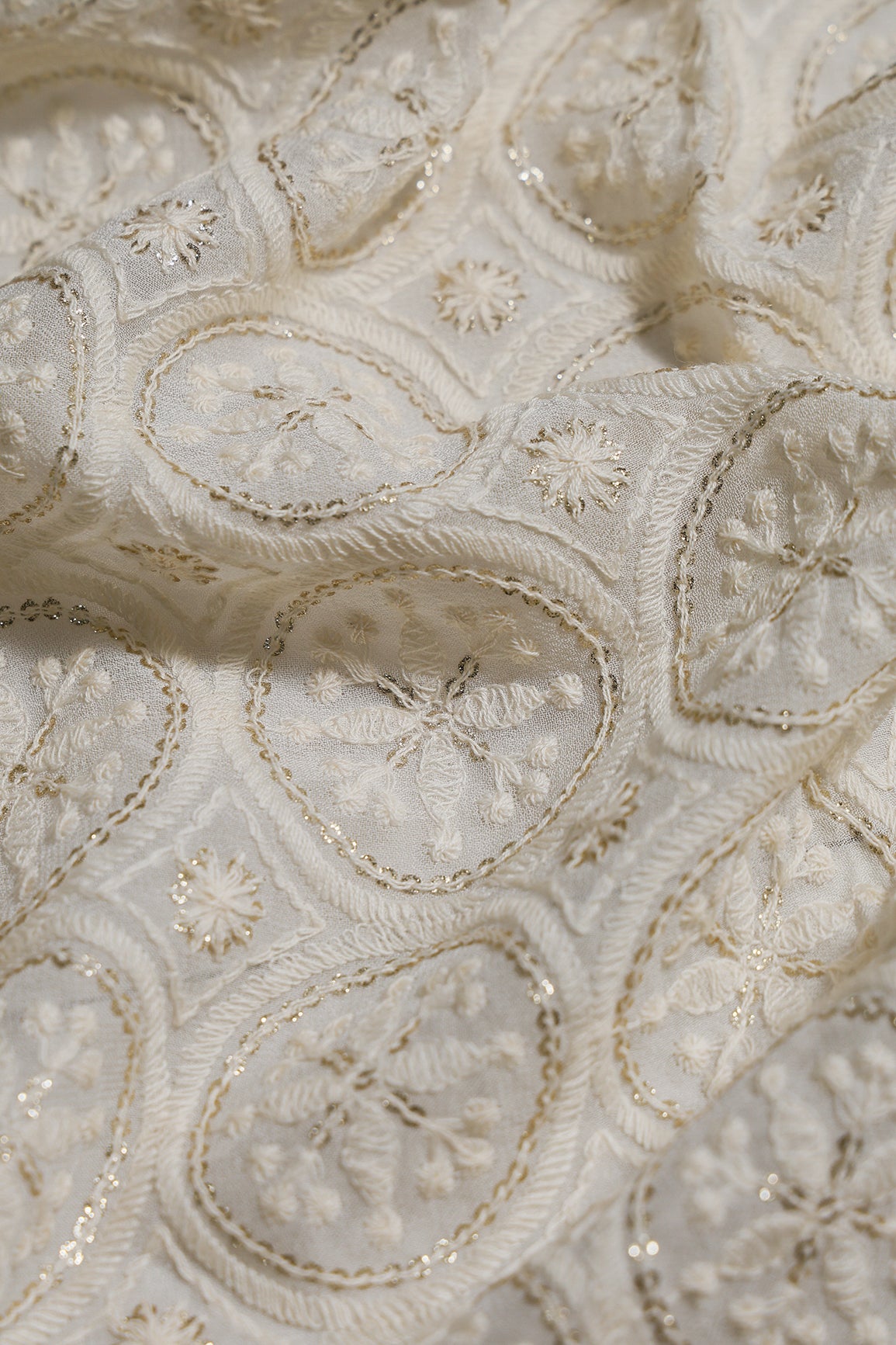 0.75 Meter Cut Piece Of White Thread With Gold Glitter Sequins Geometric Lucknowi Embroidery On Dyeable Viscose Georgette Fabric