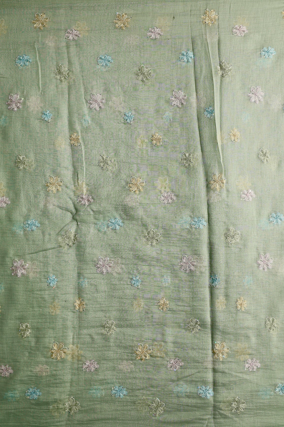 Beautiful Multi Thread With Multi Sequins Floral Embroidery Work On Pastel Olive Green Pure Mul Chanderi Silk Fabric