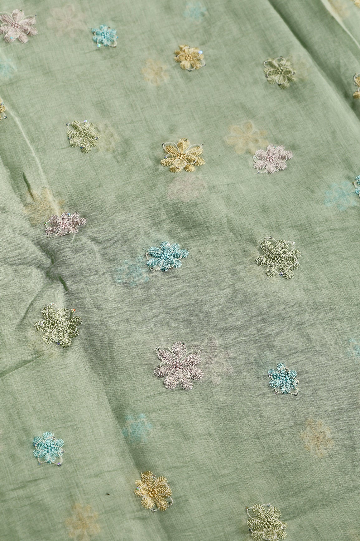 Beautiful Multi Thread With Multi Sequins Floral Embroidery Work On Pastel Olive Green Pure Mul Chanderi Silk Fabric