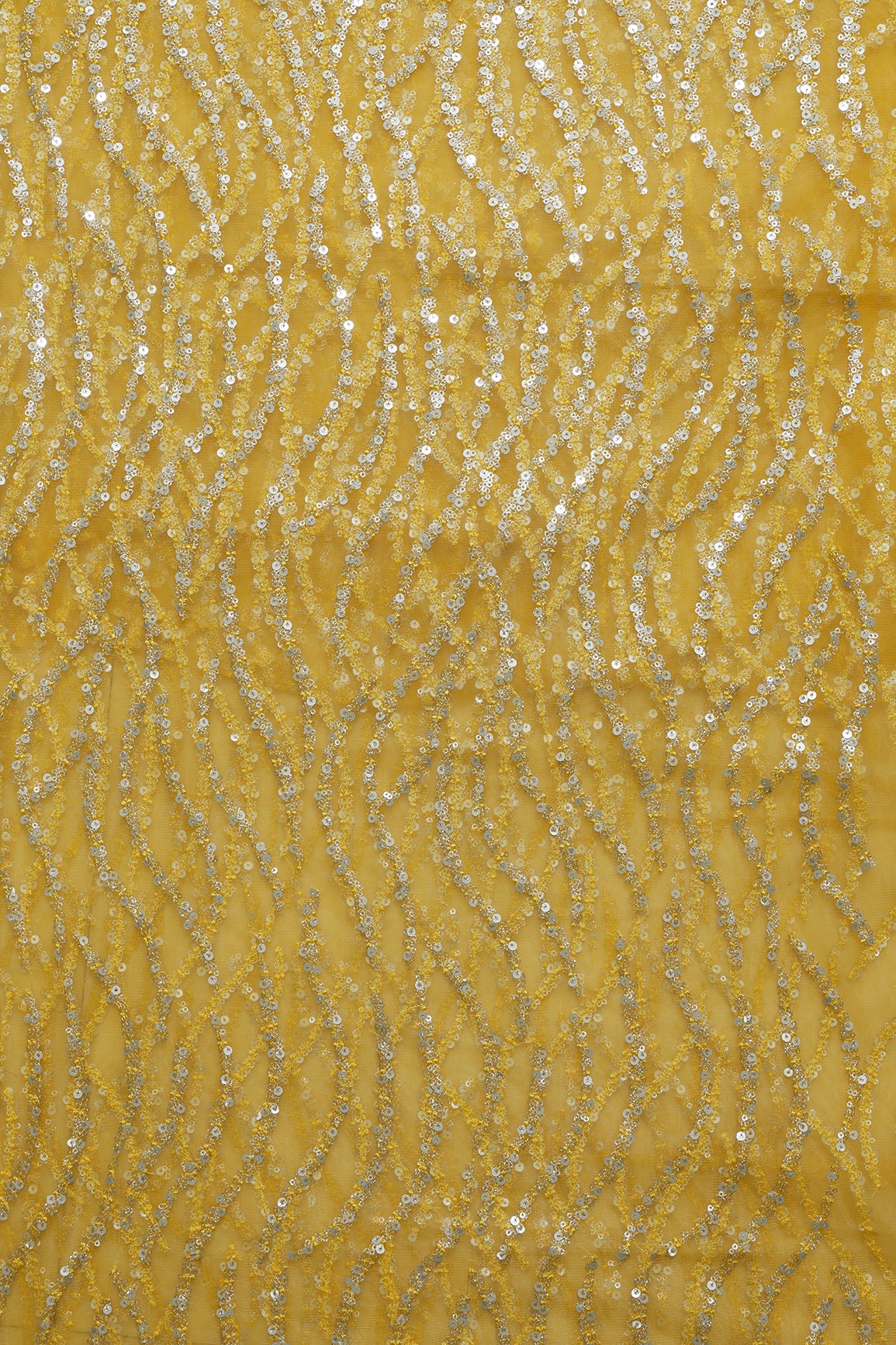 2.50 Meter Cut Piece Of Gold And Silver Sequins With Yellow Thread Wavy Embroidery Work On Yellow Soft Net Fabric