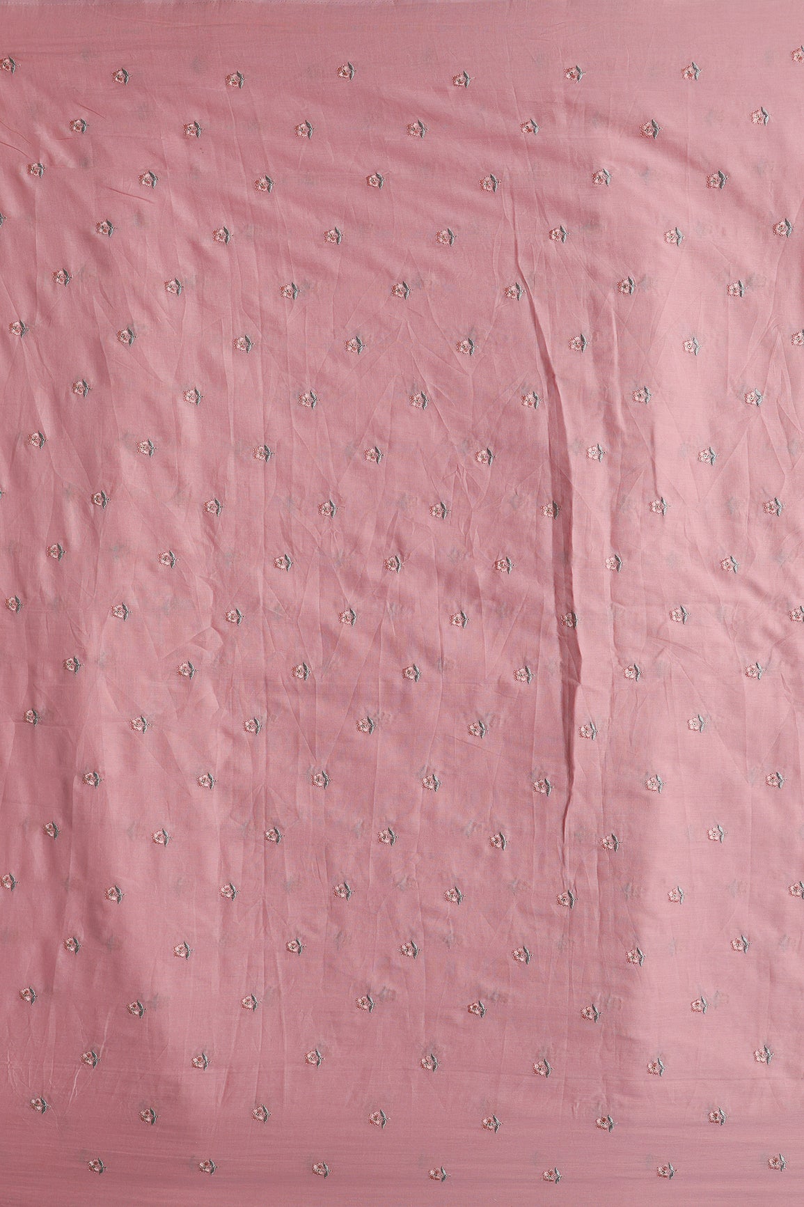 Peach & Olive Thread Small Floral Embroidery Work On Pastel Pink Pure Mul Cotton Fabric