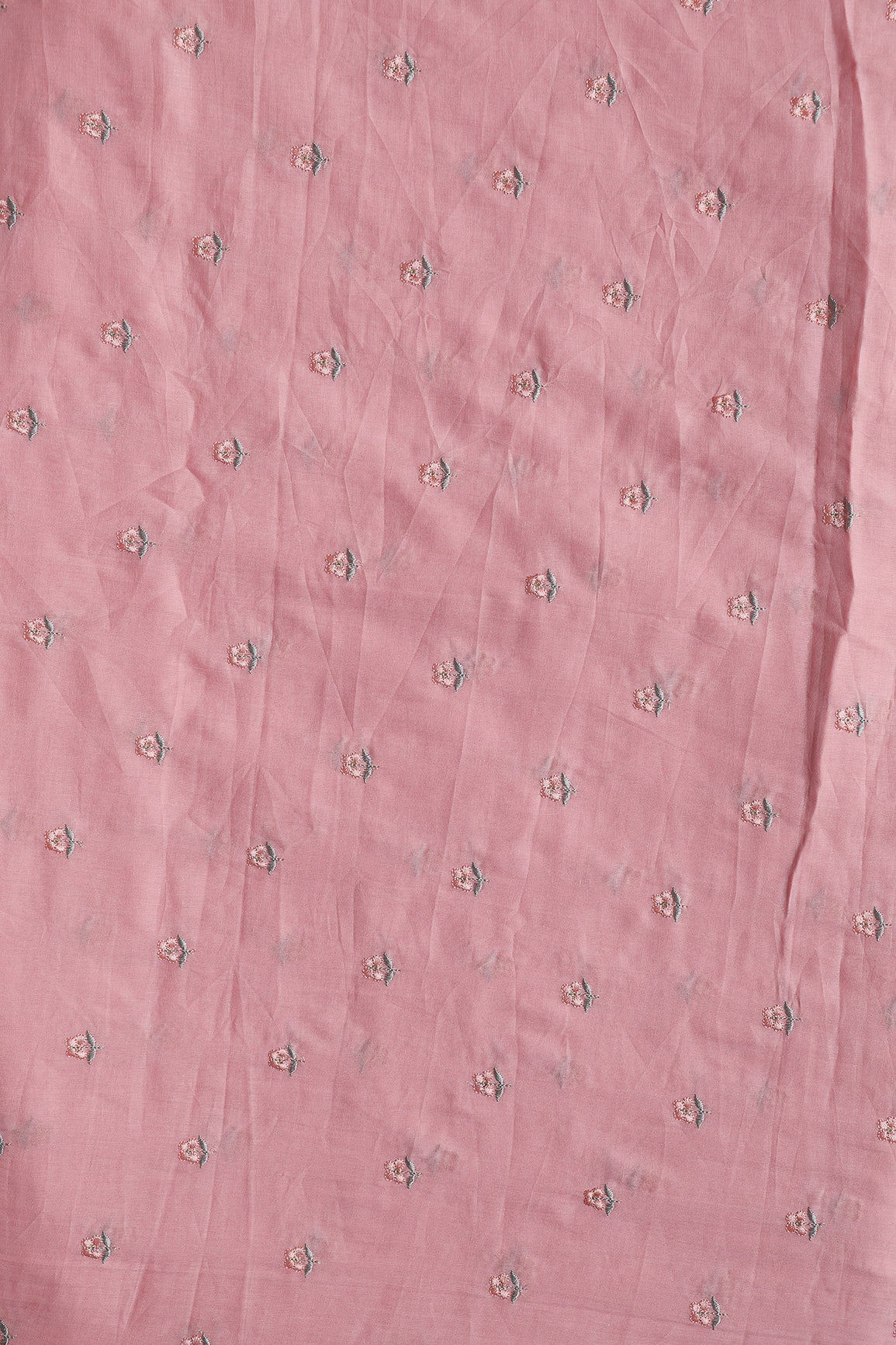 Peach & Olive Thread Small Floral Embroidery Work On Pastel Pink Pure Mul Cotton Fabric